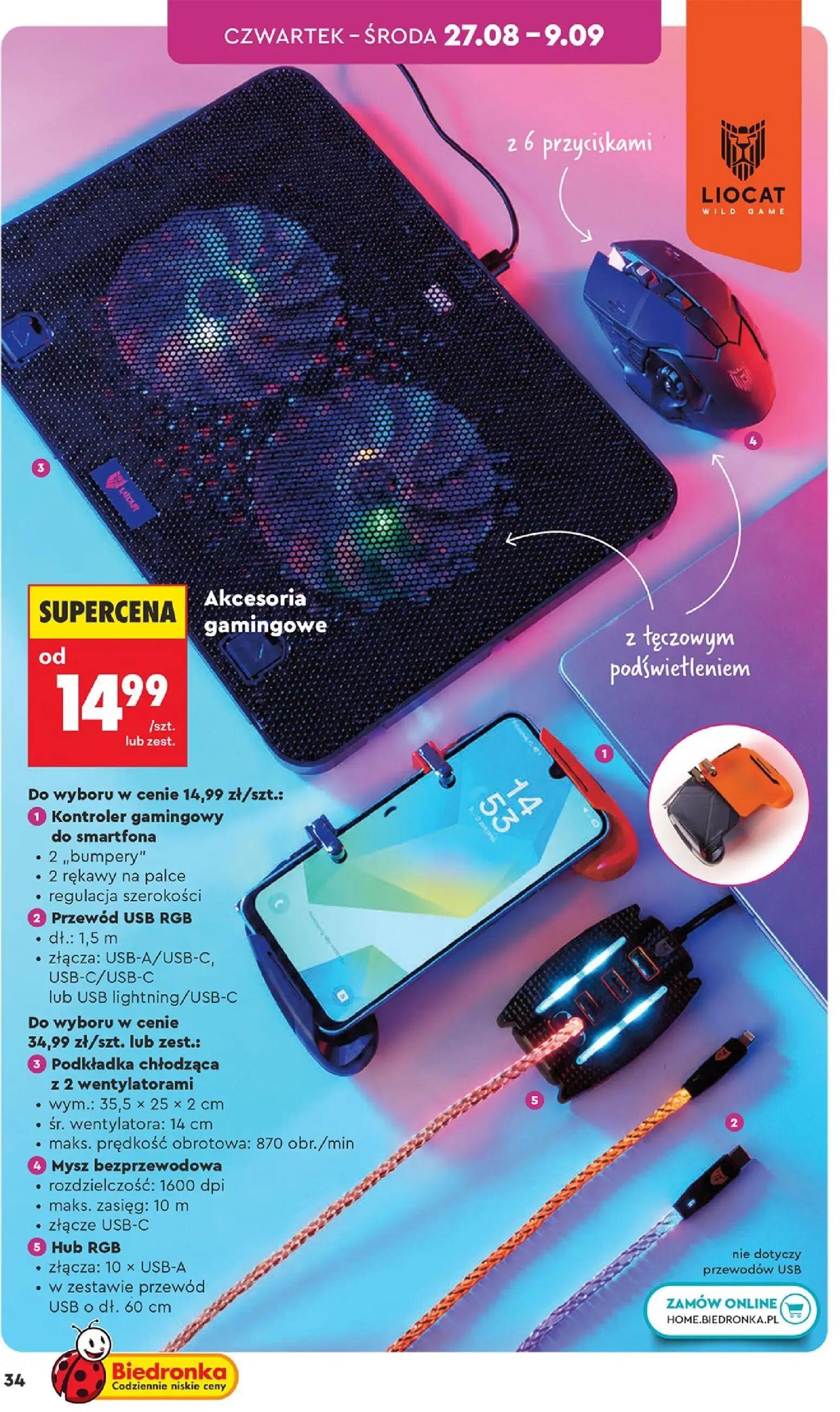 Biedronka gazetka, strona 34 z 44 — Kontroler gamingowy do smartfona, Przewód USB RGB, Podkładka chłodząca z 2 wentylatorami