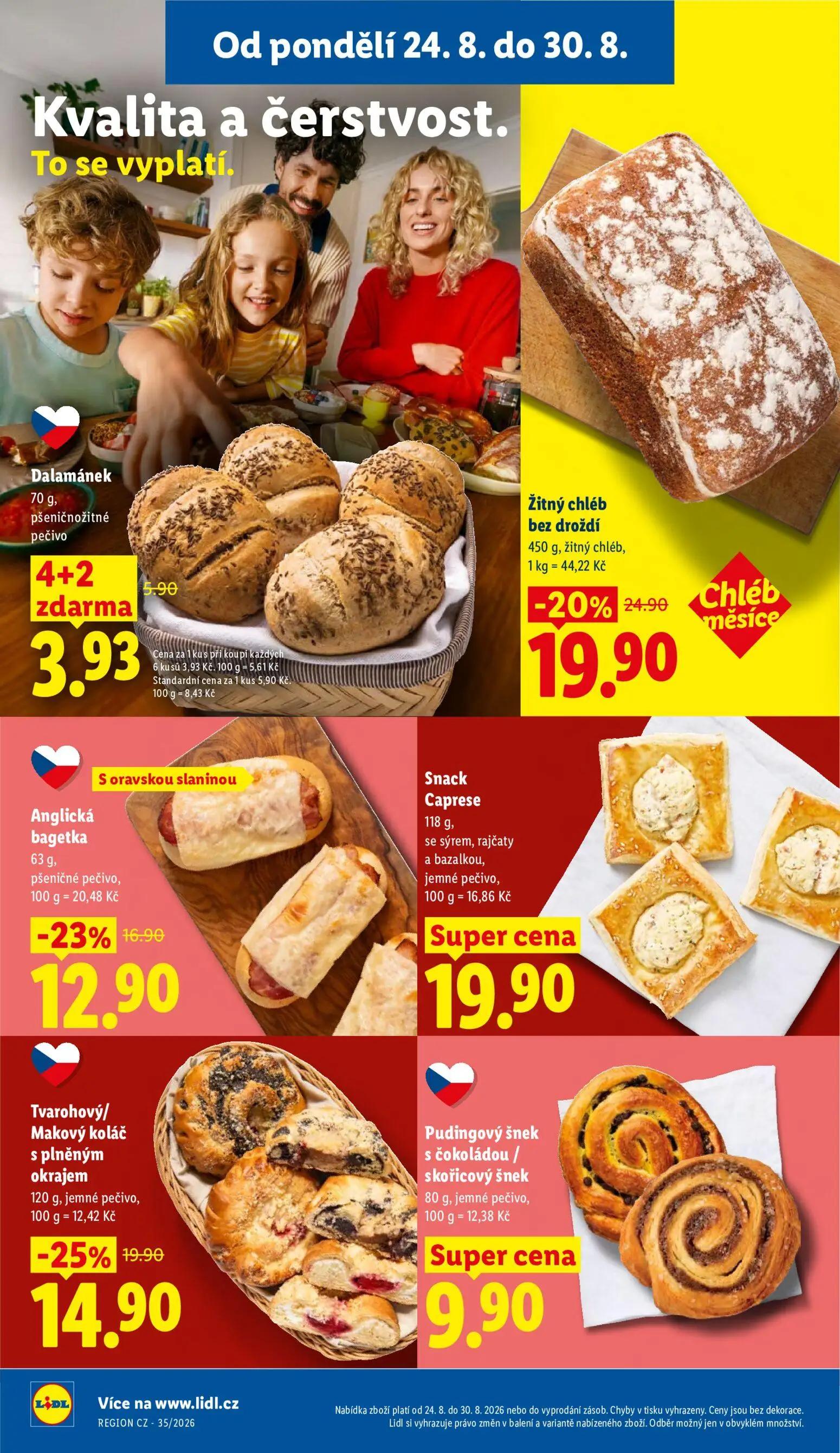 Lidl leták, strana 14 z 52 — Tvarohový/ Makový koláč s plněným okrajem, Pudingový šnek s čokoládou / skořicový šnek