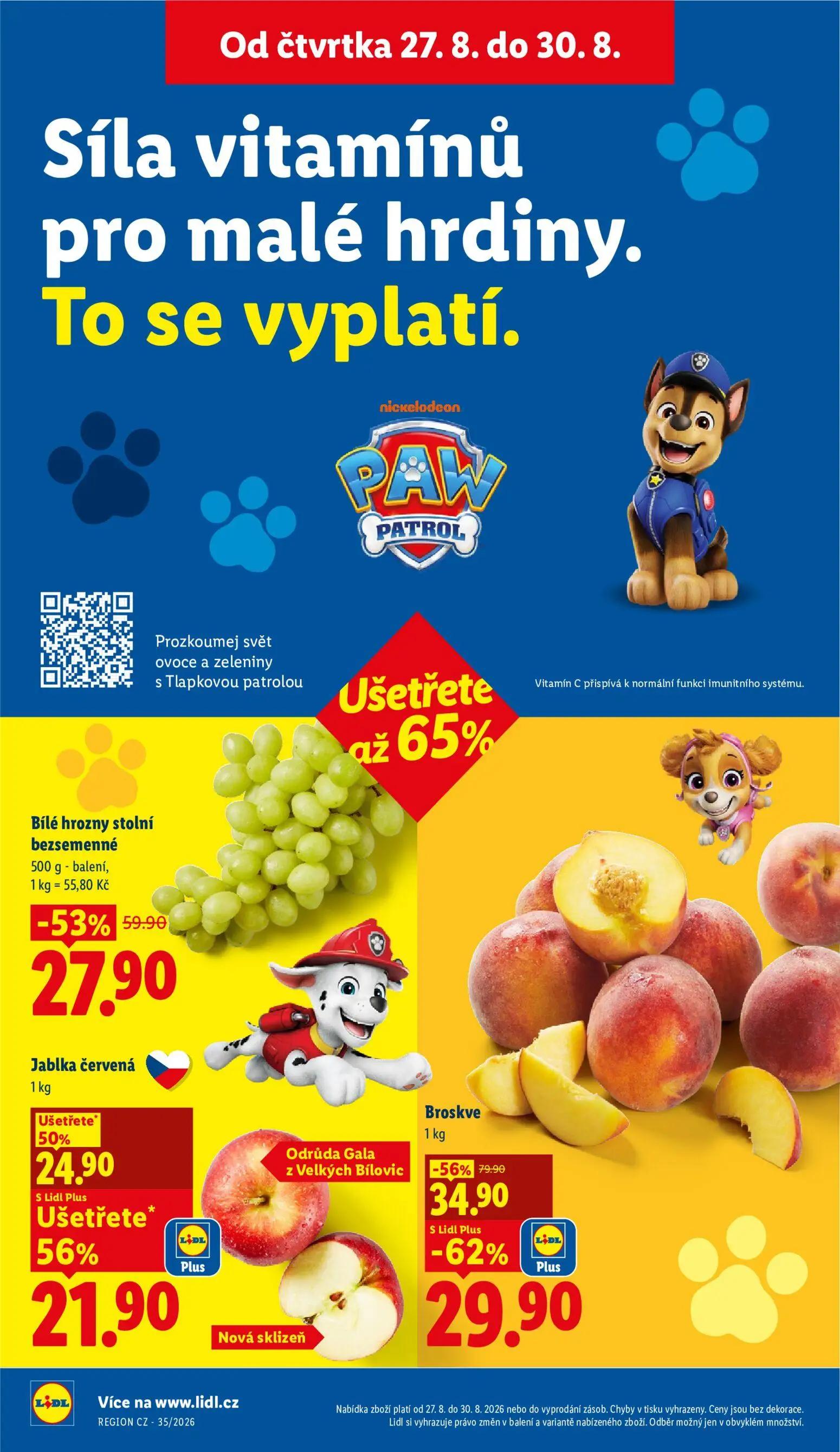 Lidl leták, strana 14 z 55 — Broskve, Bílé hrozny stolní bezsemenné, Jablka červená