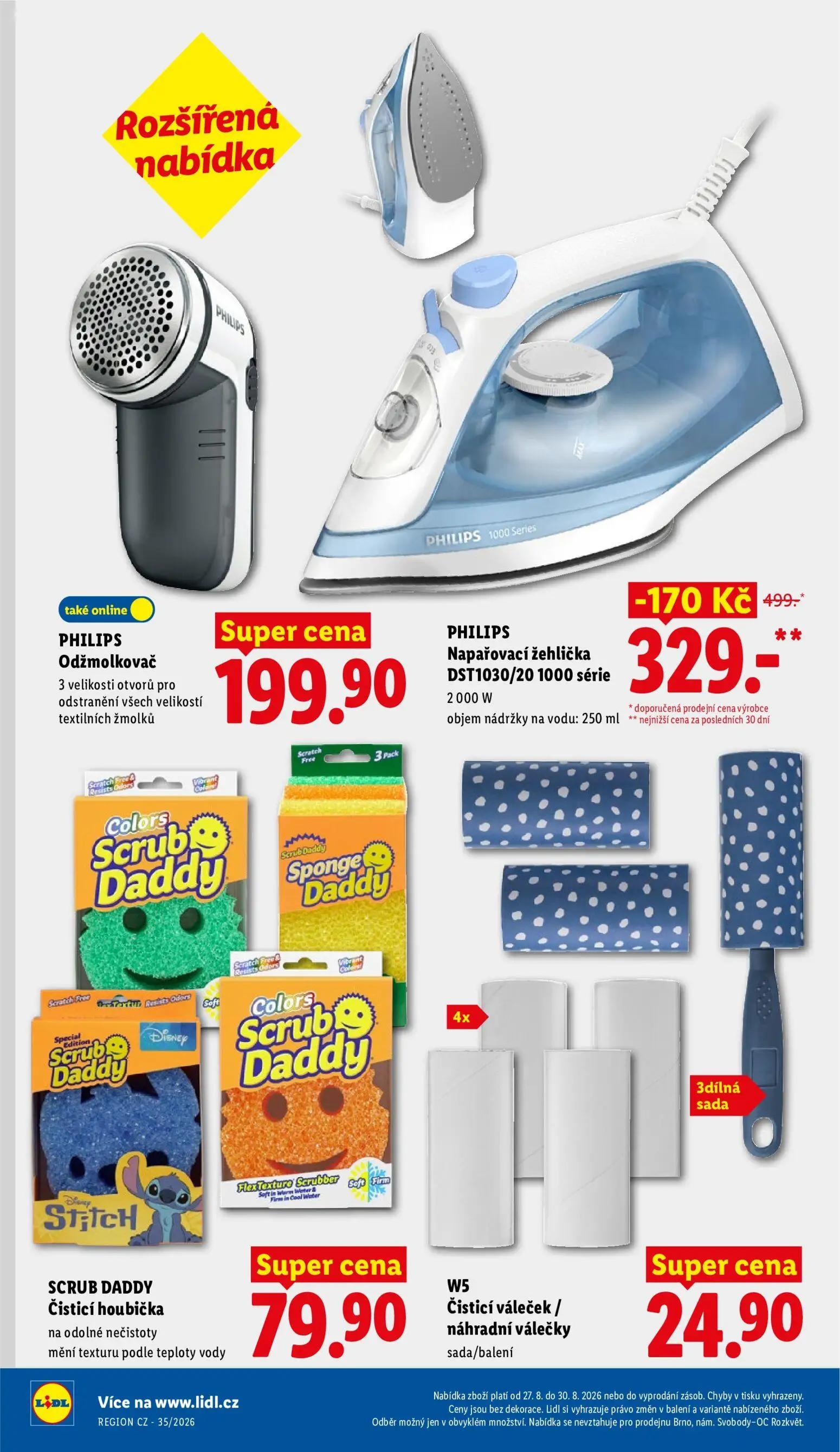 Lidl leták, strana 44 z 55 — PHILIPS Napařovací žehlička DST1030/20 1000 série, PHILIPS Odžmolkovač, SCRUB DADDY Čisticí hou…