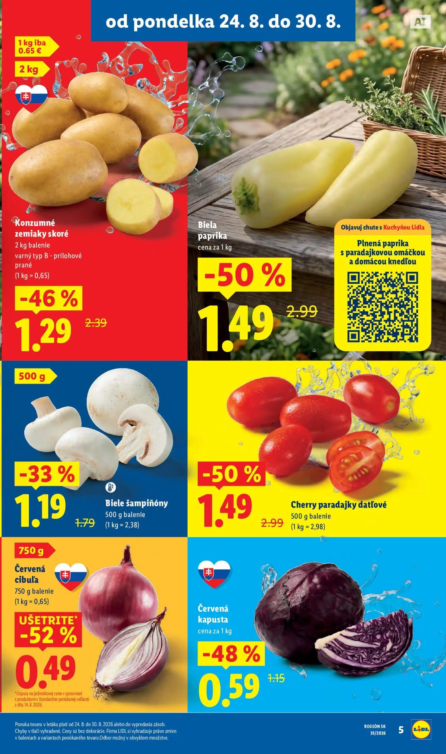 Lidl leták, strana 9 z 99 — Cherry paradajky datľové, Konzumné zemiaky skoré, Biele šampiňóny