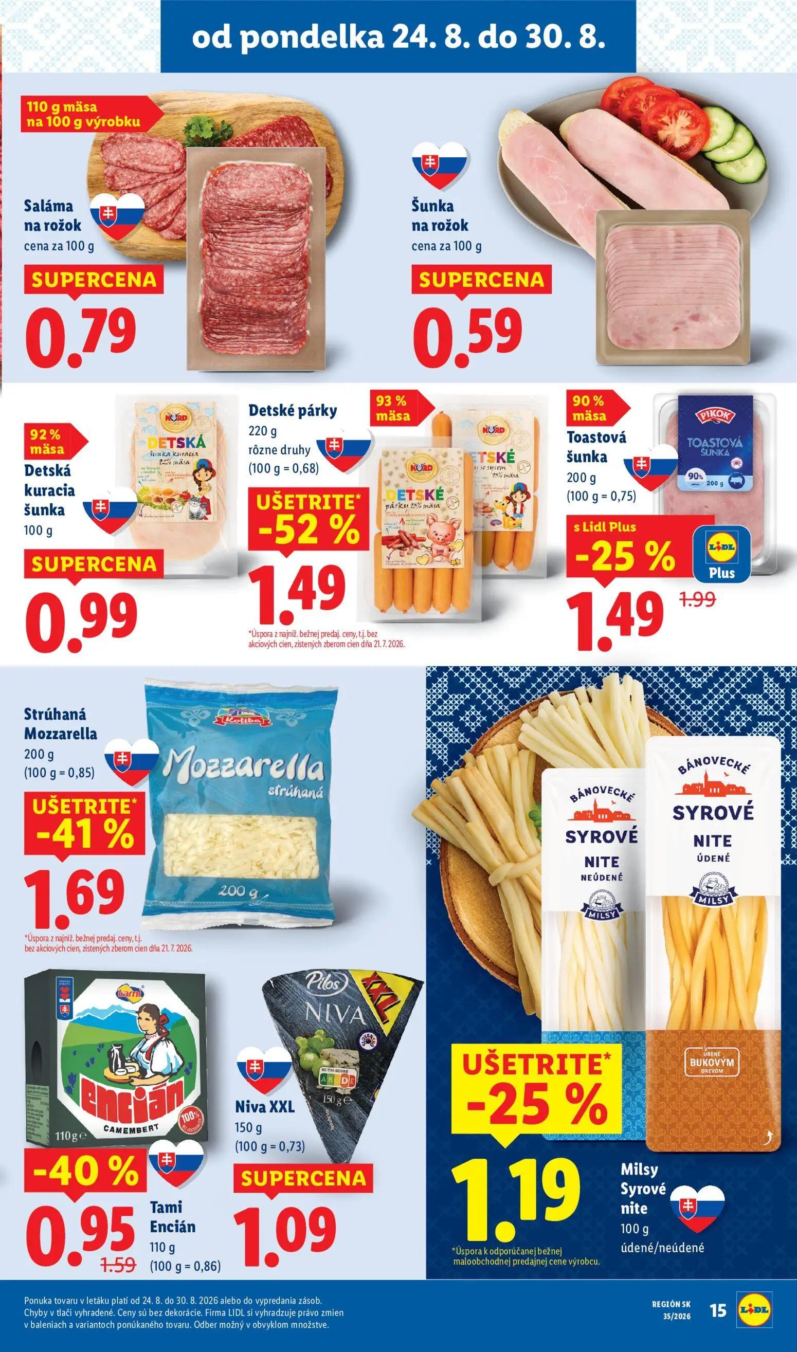 Lidl leták, strana 19 z 99 — Detské párky, Strúhaná Mozzarella, Tami Encián