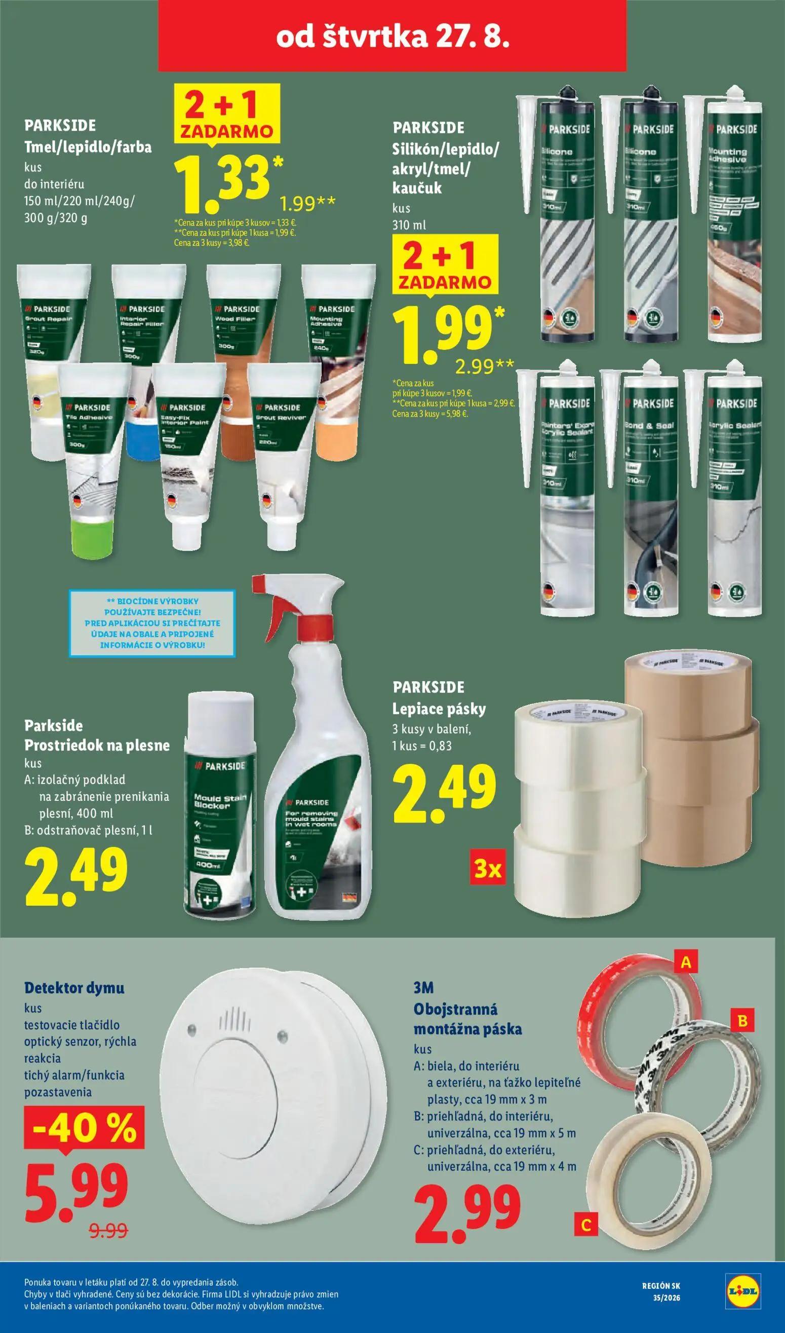 Lidl leták, strana 84 z 99 — PARKSIDE Silikón/lepidlo/akryl/tmel/kaučuk, PARKSIDE Tmel/lepidlo/farba do interiéru, PARKSIDE …