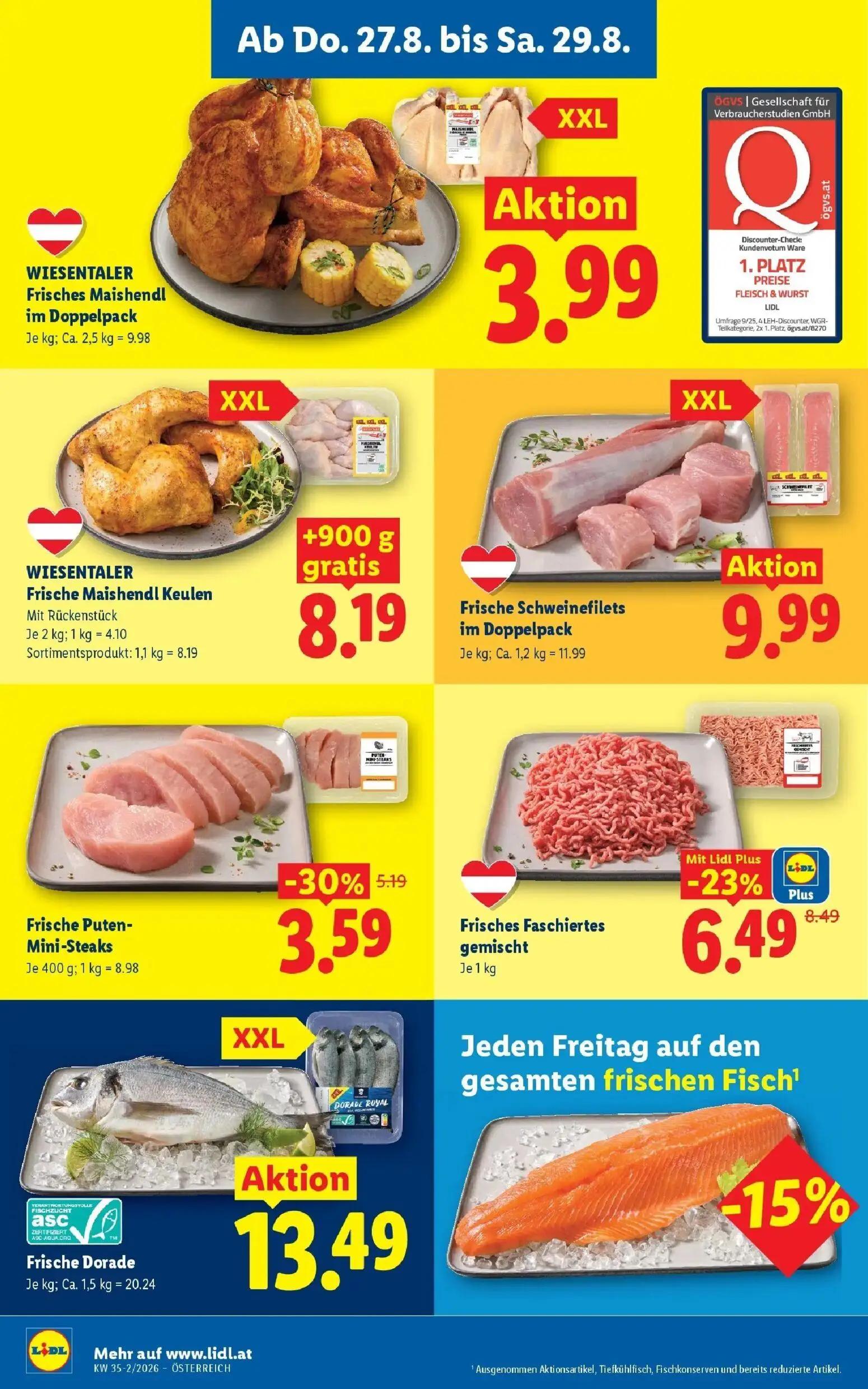 Lidl Prospekt, Seite 8 von 55 — Frische Puten-Mini-Steaks, WIESENTALER Frisches Maishendl im Doppelpack, WIESENTALER Frische…