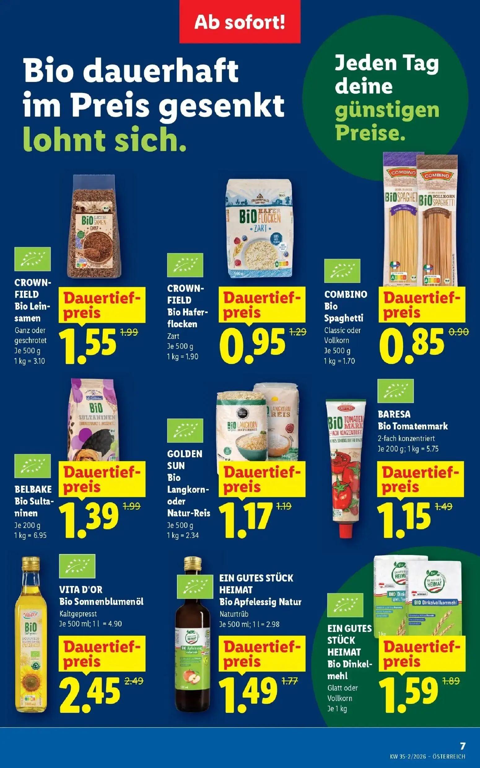 Lidl Prospekt, Seite 9 von 55 — CROWN-FIELD Bio Lein-samen Ganz oder geschrotet, CROWN-FIELD Bio Hafer-flocken Zart, BARESA …