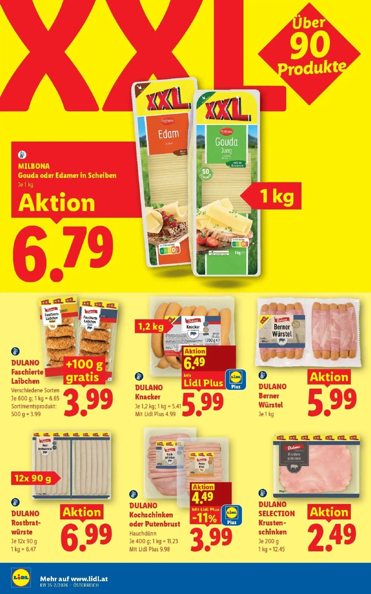 Lidl Prospekt, Seite 10 von 55 — DULANO Knacker, DULANO Kochschinken oder Putenbrust, MILBONA Gouda oder Edamer in Scheiben