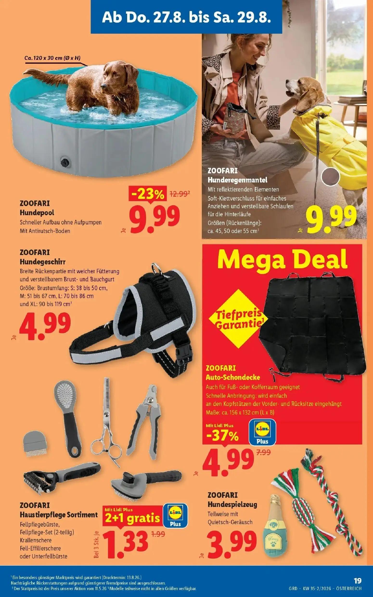 Lidl Prospekt, Seite 23 von 55 — ZOOFARI Hundepool, ZOOFARI Auto-Schondecke, ZOOFARI Haustierpflege Sortiment