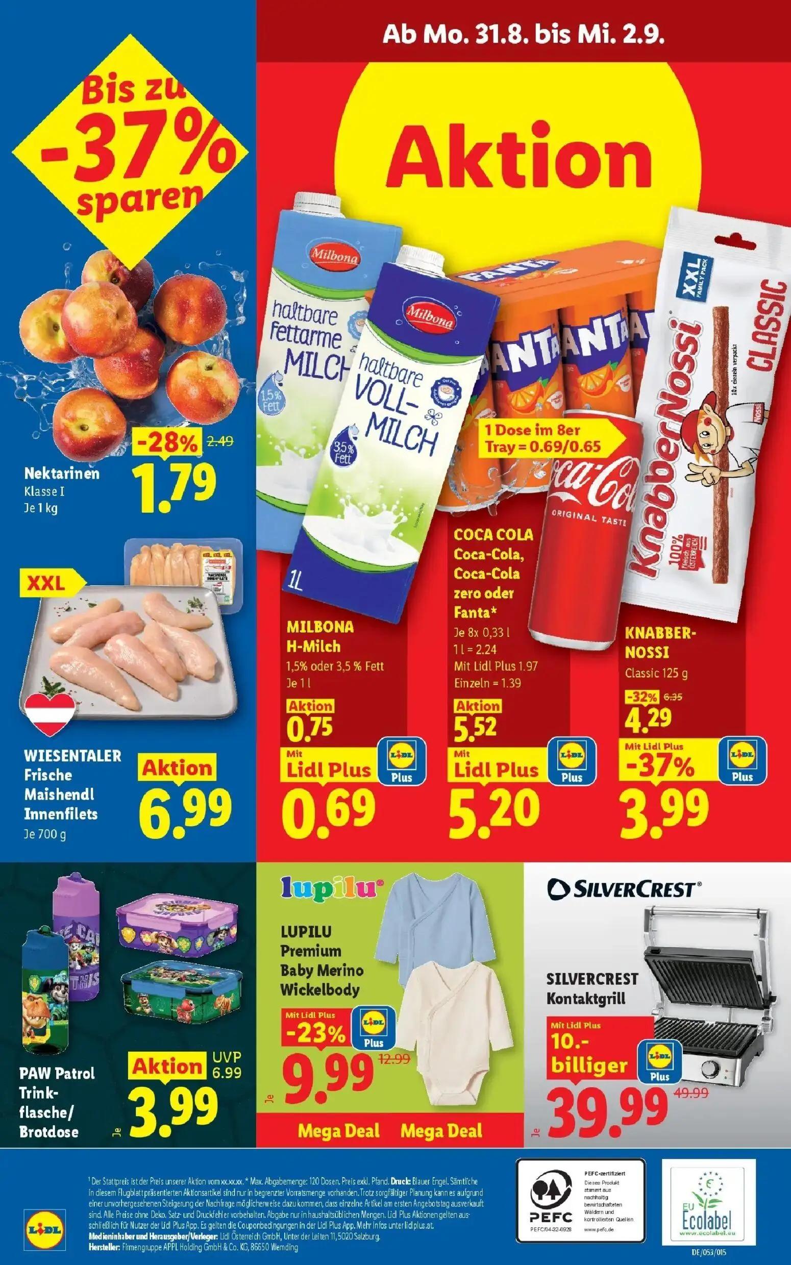Lidl Prospekt, Seite 29 von 55 — MILBONA H-Milch 1,5% oder 3,5% Fett, WIESENTALER Frische Maishendl Innenfilets