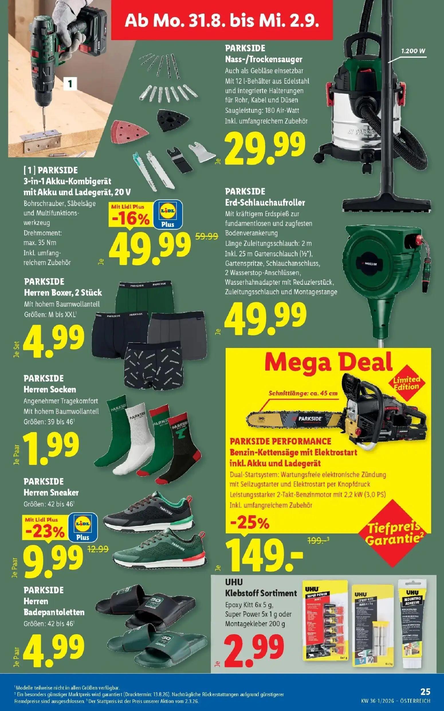 Lidl Prospekt, Seite 32 von 55 — [1] PARKSIDE 3-in-1 Akku-Kombigerät mit Akku und Ladegerät, 20 V Bohrschrauber, Säbelsäge u…