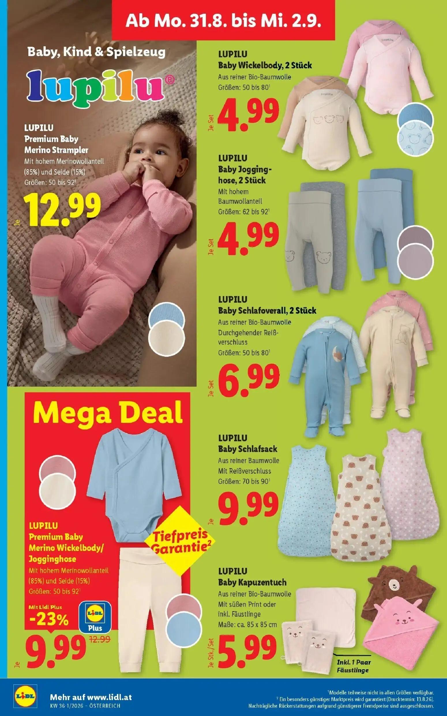 Lidl Prospekt, Seite 35 von 55 — LUPILU Premium Baby Merino Wickelbody/Jogginghose, LUPILU Premium Baby Merino Strampler, LU…