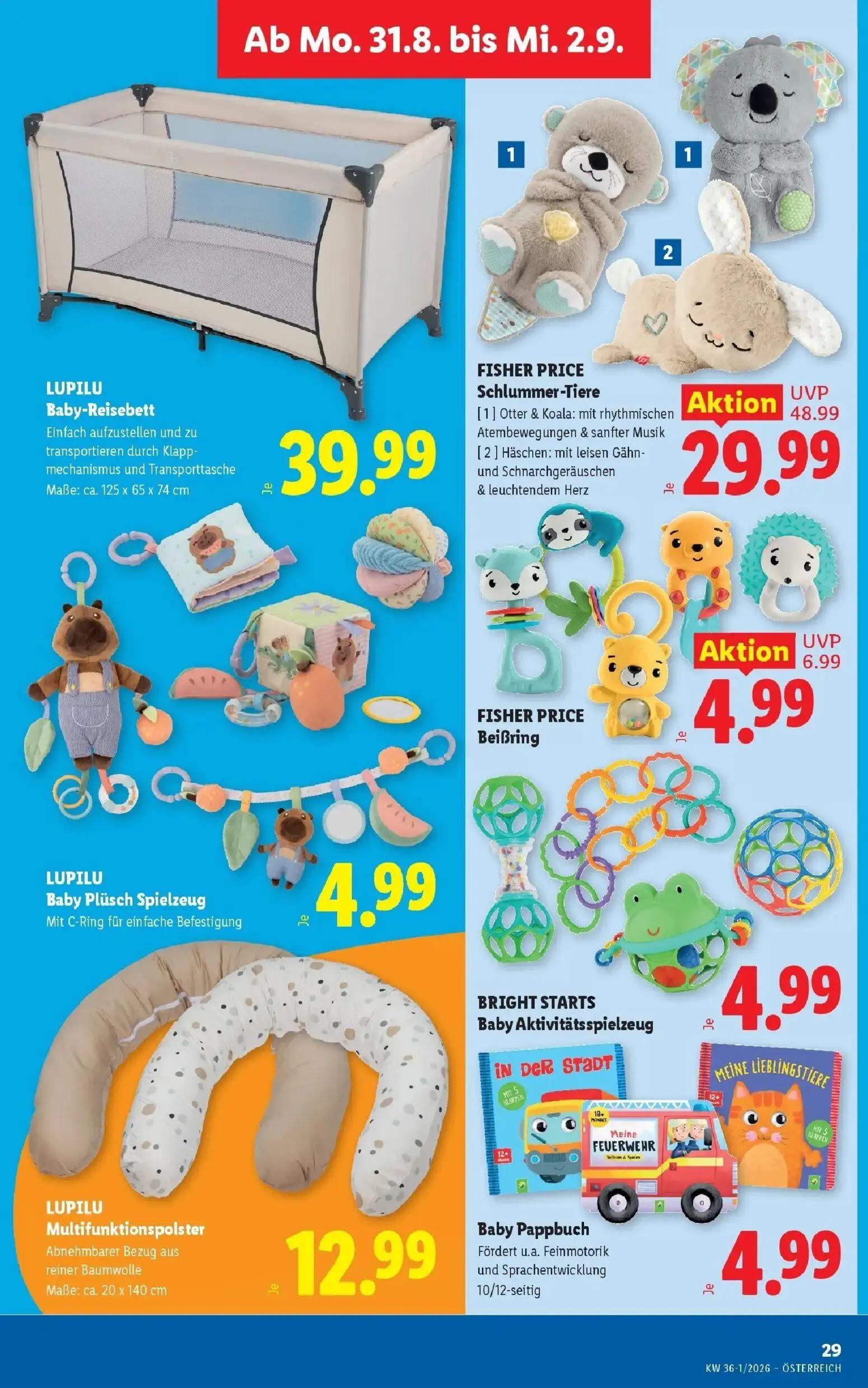 Lidl Prospekt, Seite 36 von 55 — FISHER PRICE Schlummer-Tiere, FISHER PRICE Beißring, LUPILU Baby-Reisebett