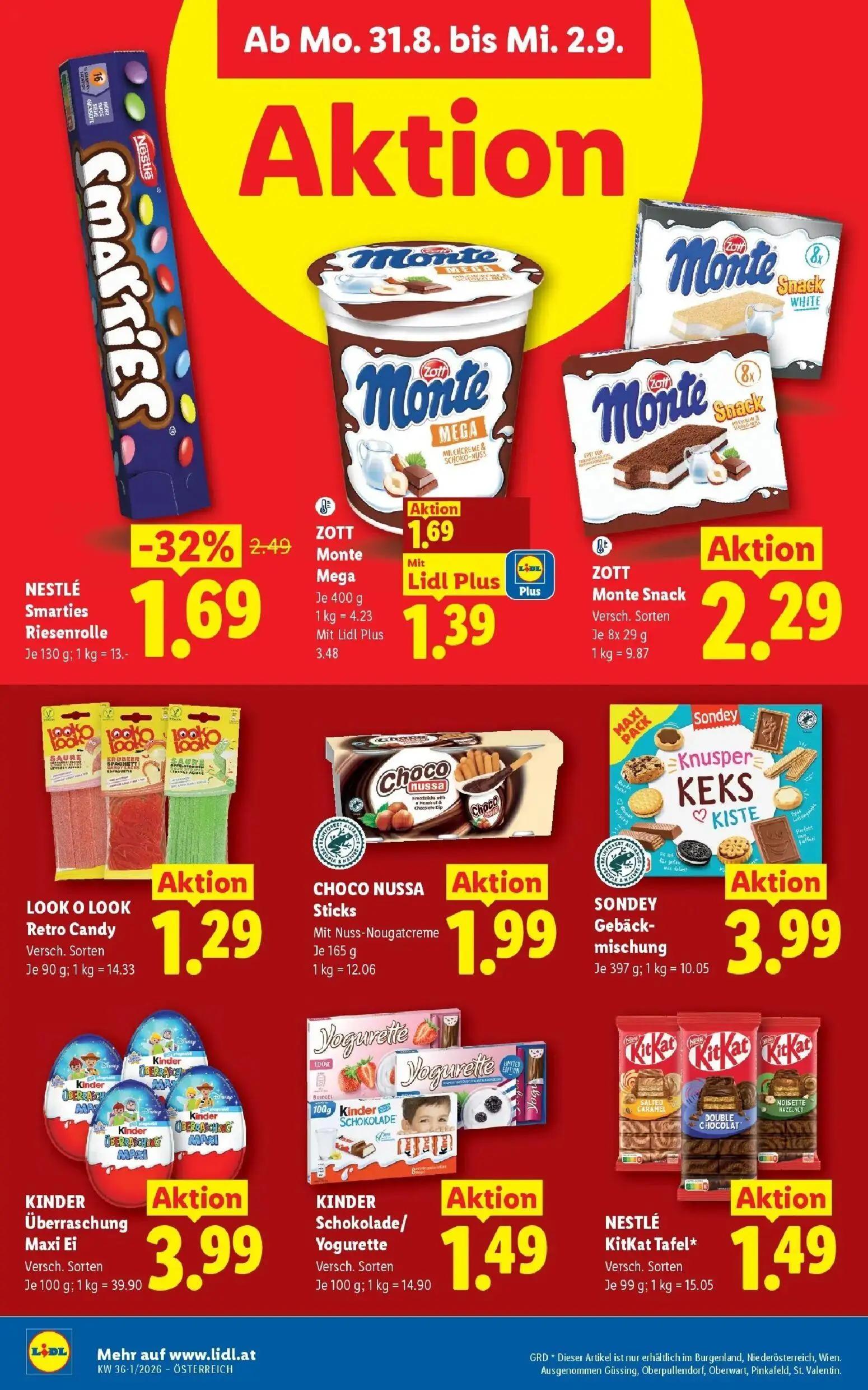 Lidl Prospekt, Seite 47 von 55 — ZOTT Monte Mega, Smarties Riesenrolle, ZOTT Monte Snack