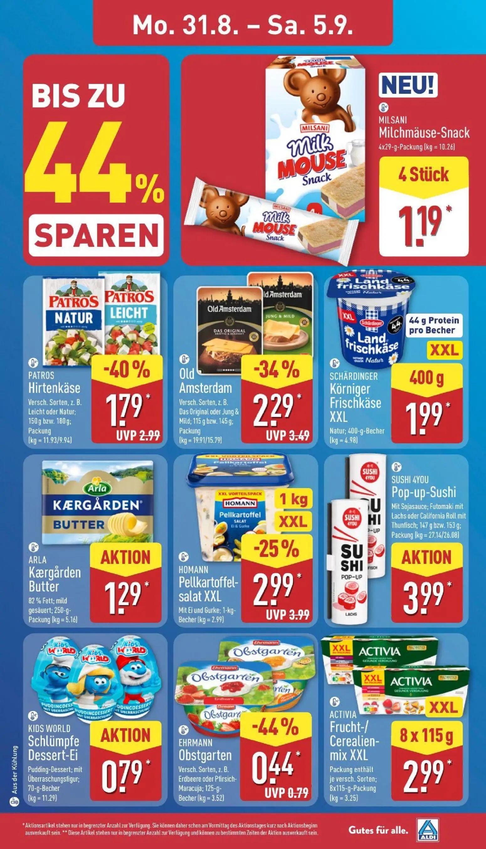 Aldi Nord Prospekt, Seite 5 von 39 — EHRMANN Obstgarten, MILSANI Milchmäuse-Snack, KIDS WORLD Schlümpfe Dessert-Ei