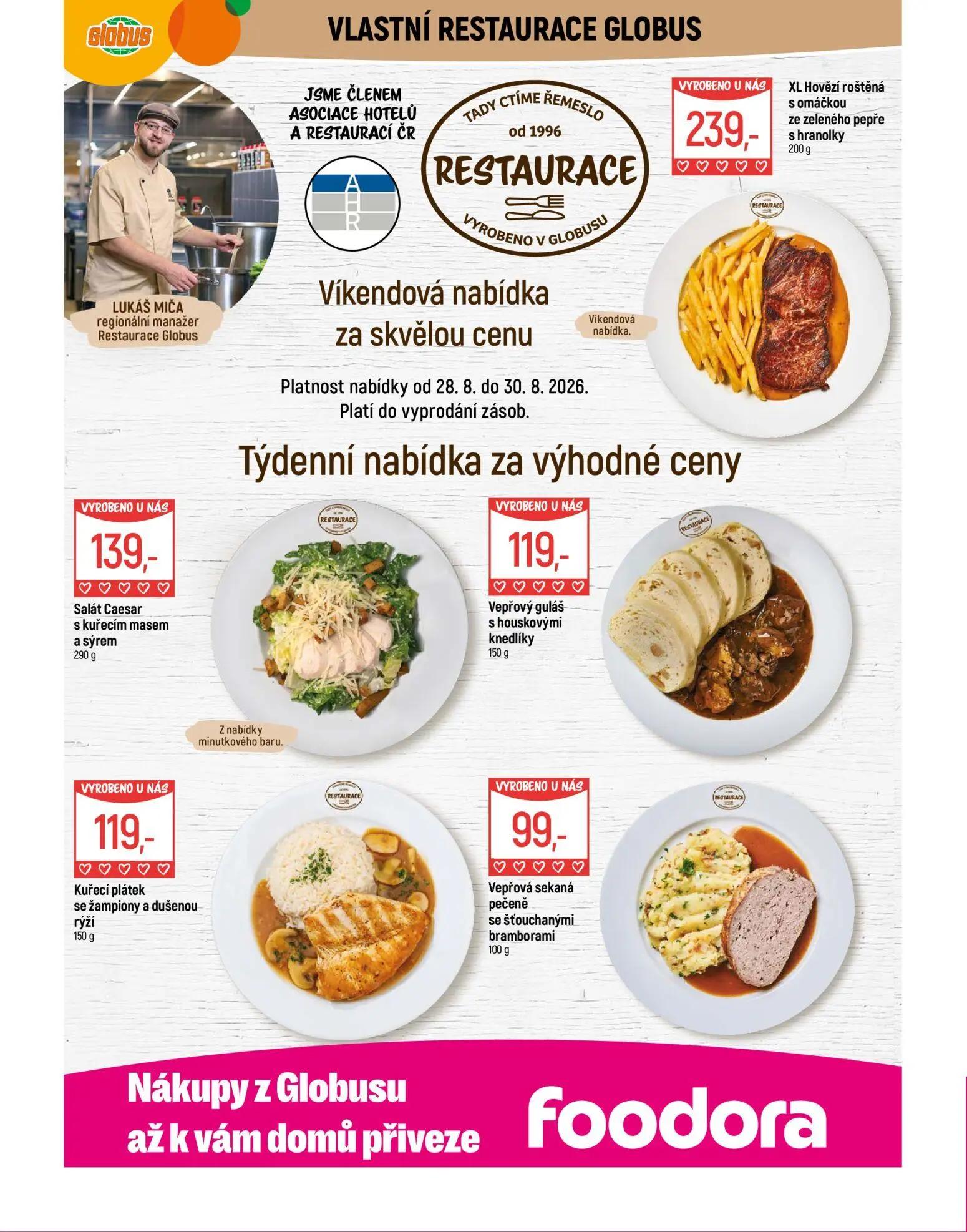 GLOBUS leták, strana 7 z 50 — XL Hovězí roštěná s omáčkou ze zeleného pepře s hranolky, Salát Caesar s kuřecím masem a sýrem…