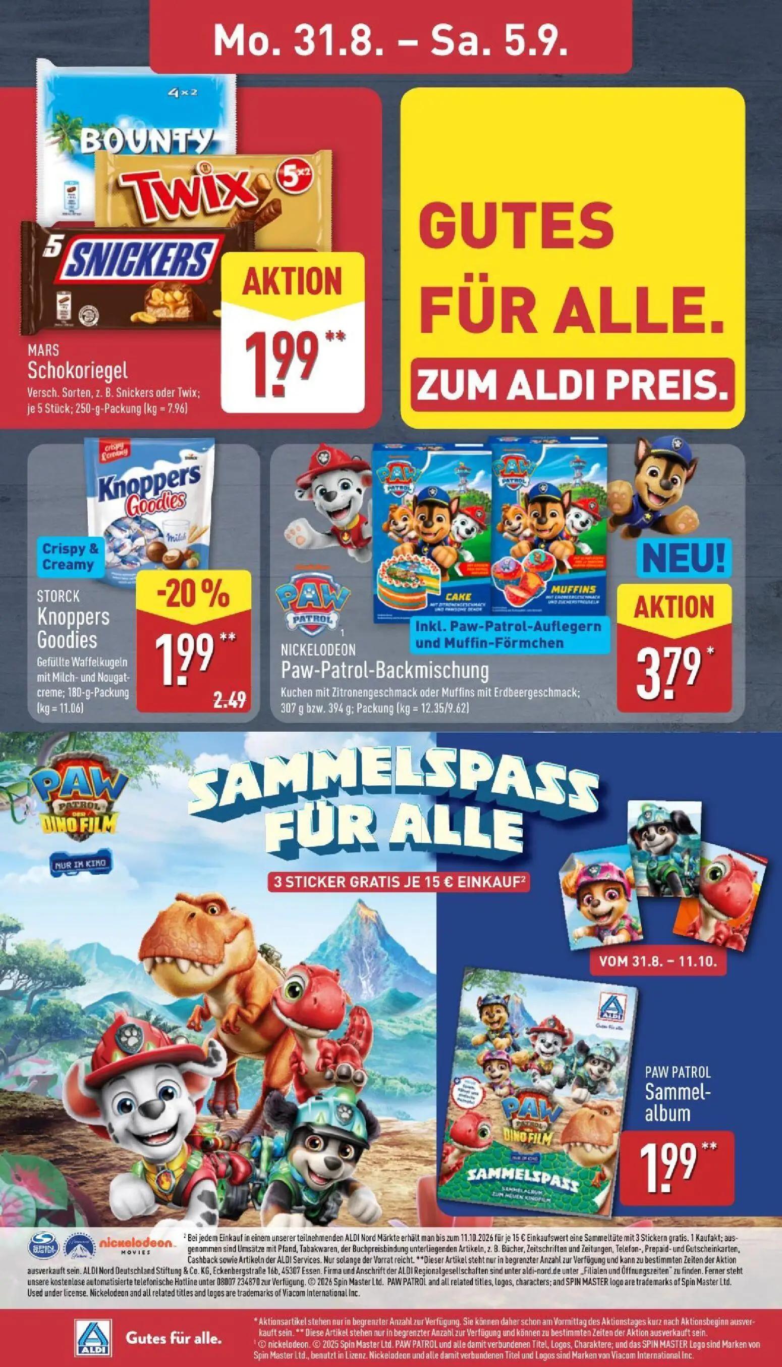 Aldi Nord Prospekt, Seite 8 von 39 — STORCK Knoppers Goodies Gefüllte Waffelkugeln mit Milch- und Nougat-creme, MARS Schokor…