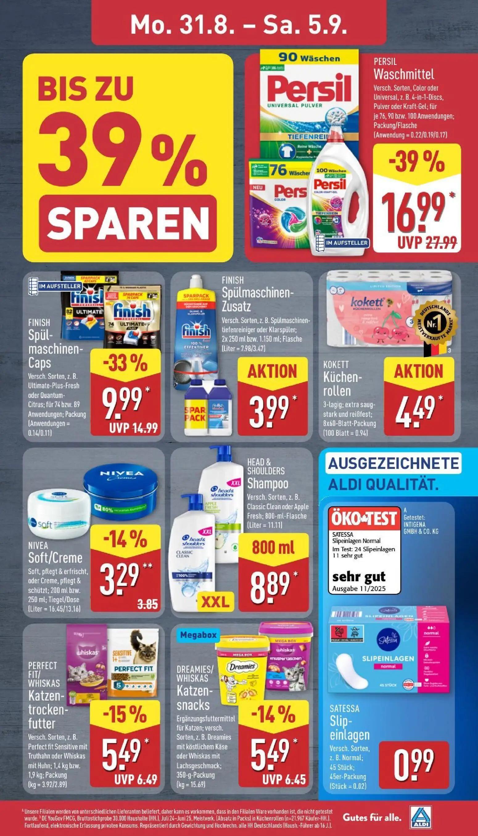 Aldi Nord Prospekt, Seite 9 von 39 — PERSIL Waschmittel, FINISH Spülmaschinen-Caps, NIVEA Soft/Creme