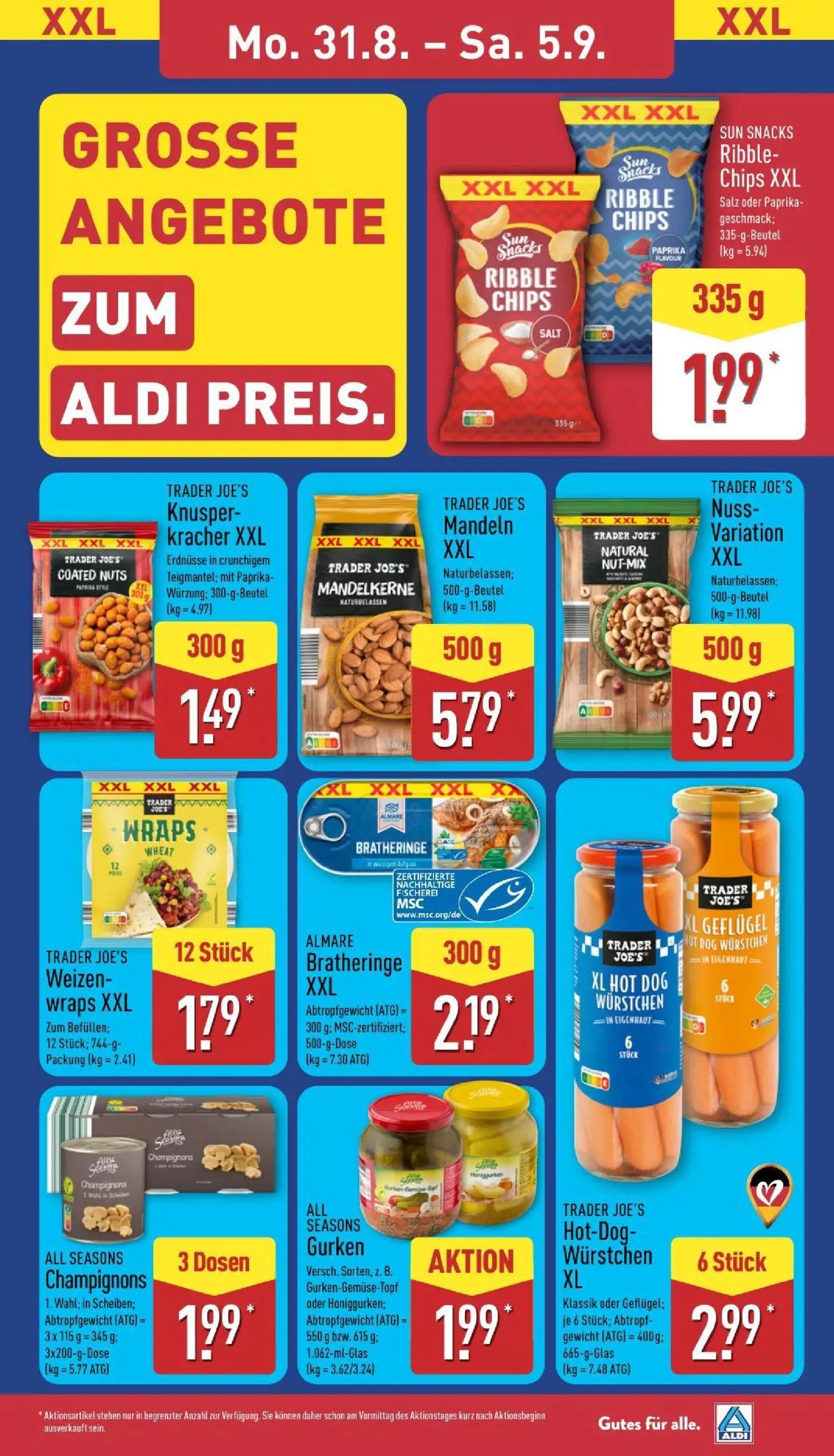 Aldi Nord Prospekt, Seite 13 von 39 — SUN SNACKS Ribble-Chips XXL, TRADER JOE'S Knusperkracher XXL