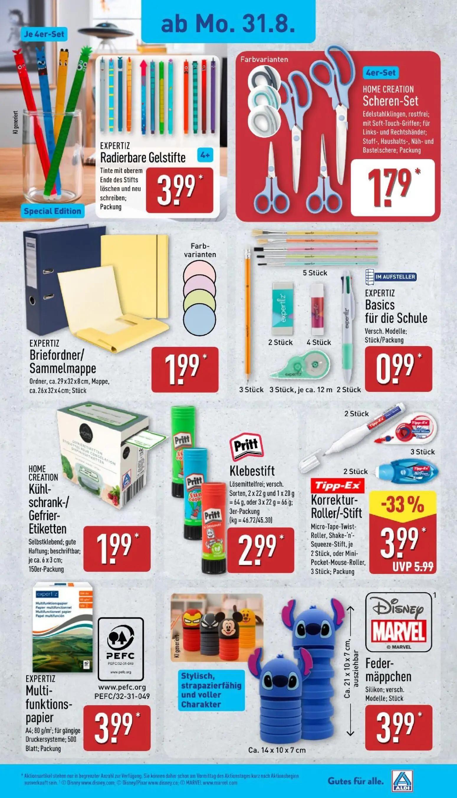 Aldi Nord Prospekt, Seite 15 von 39 — Tipp-Ex Korrektur-Roller/-Stift, EXPERTIZ Radierbare Gelstifte, HOME CREATION Scheren-…