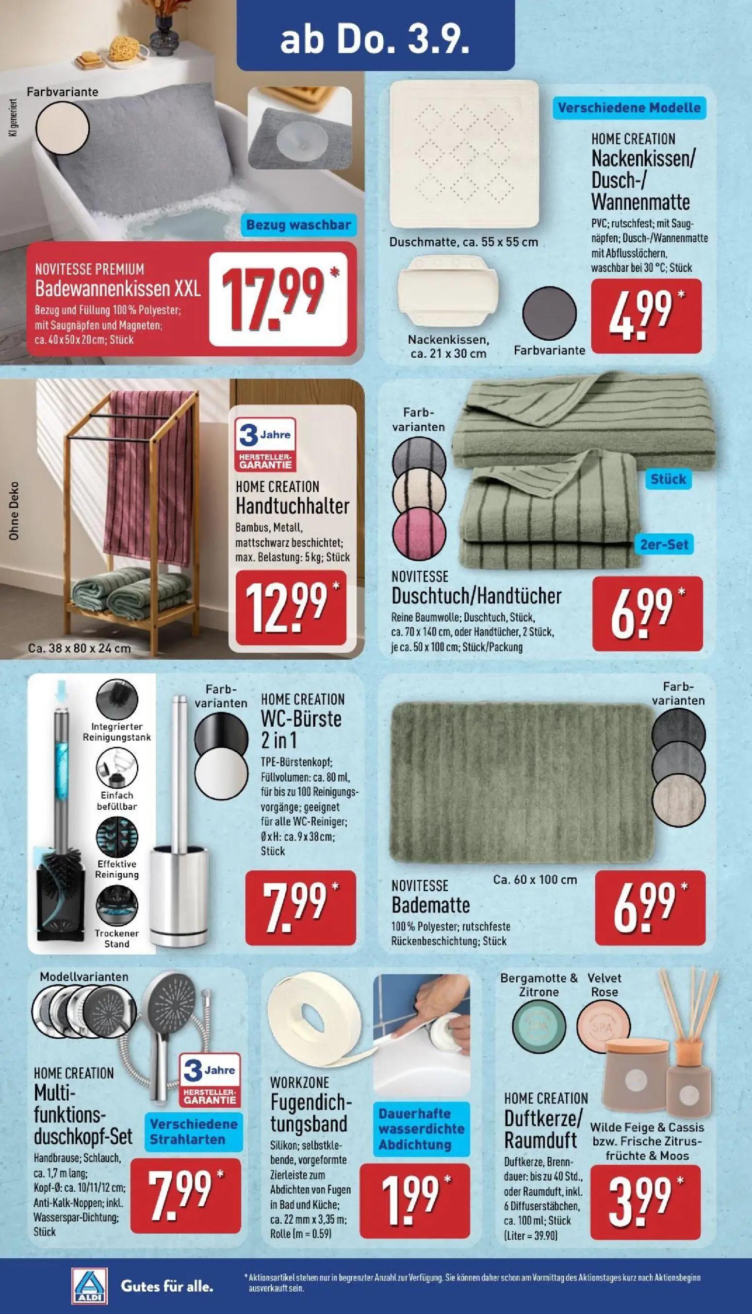 Aldi Nord Prospekt, Seite 20 von 39 — NOVITESSE PREMIUM Badewannenkissen XXL, HOME CREATION Nackenkissen/ Dusch-/ Wannenmatt…