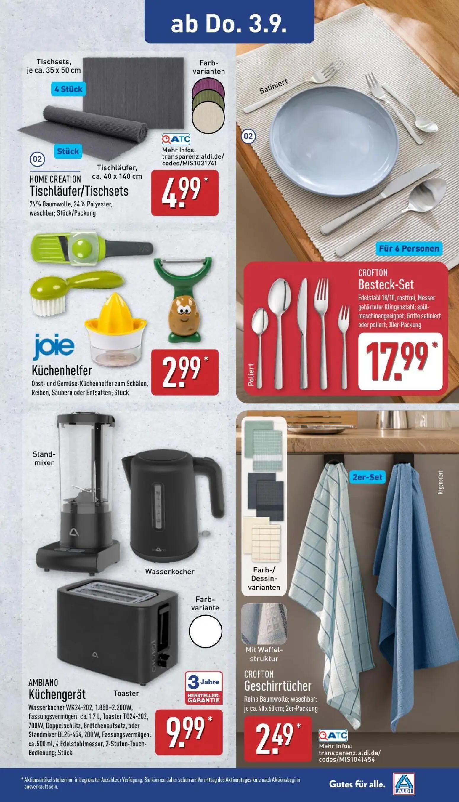 Aldi Nord Prospekt, Seite 23 von 39 — HOME CREATION Tischläufer/Tischsets, CROFTON Besteck-Set, joie Küchenhelfer