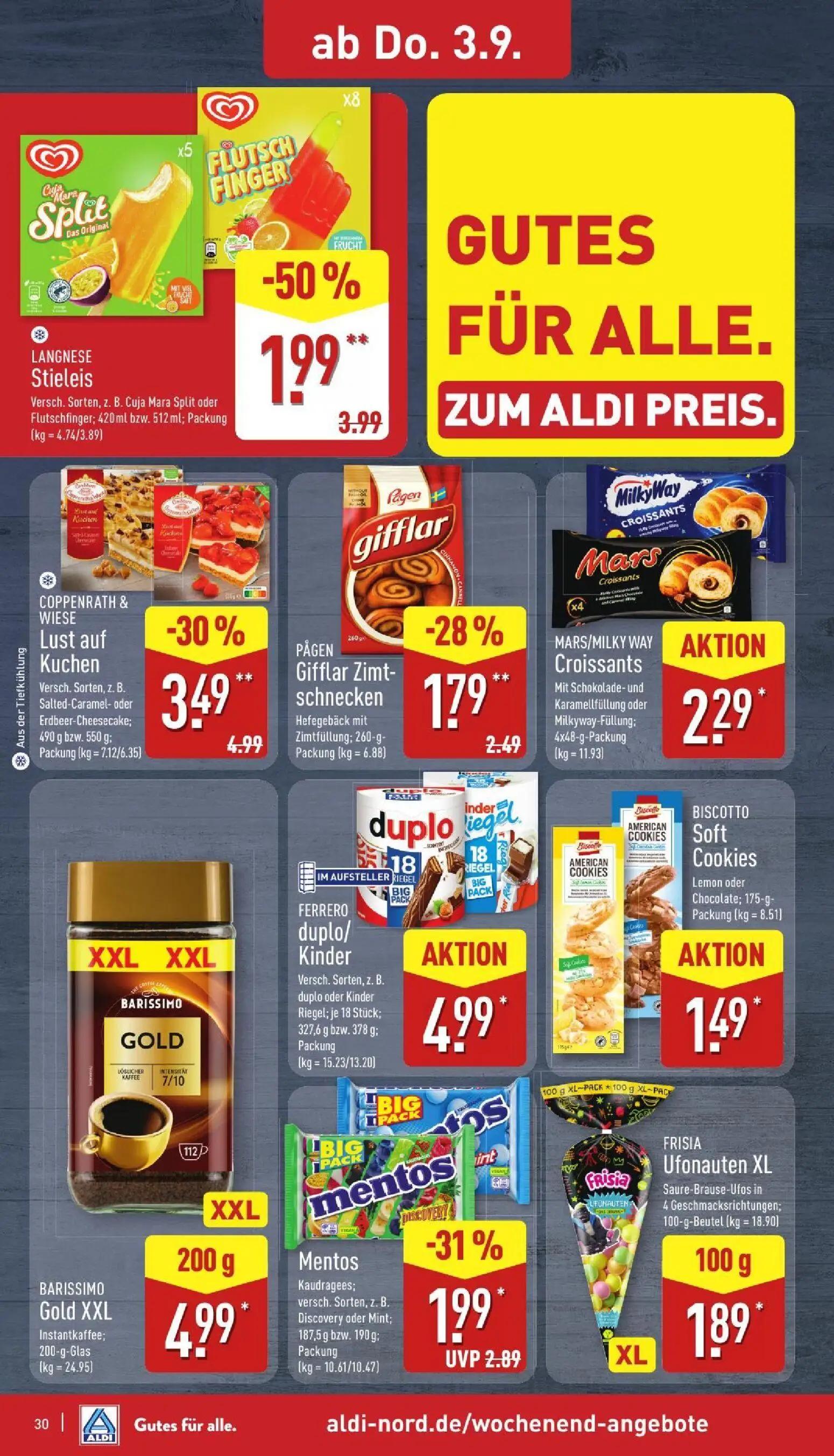 Aldi Nord Prospekt, Seite 30 von 39 — LANGNESE Stieleis Versch. Sorten, z. B. Cuja Mara Split oder Flutschfinger, COPPENRATH…