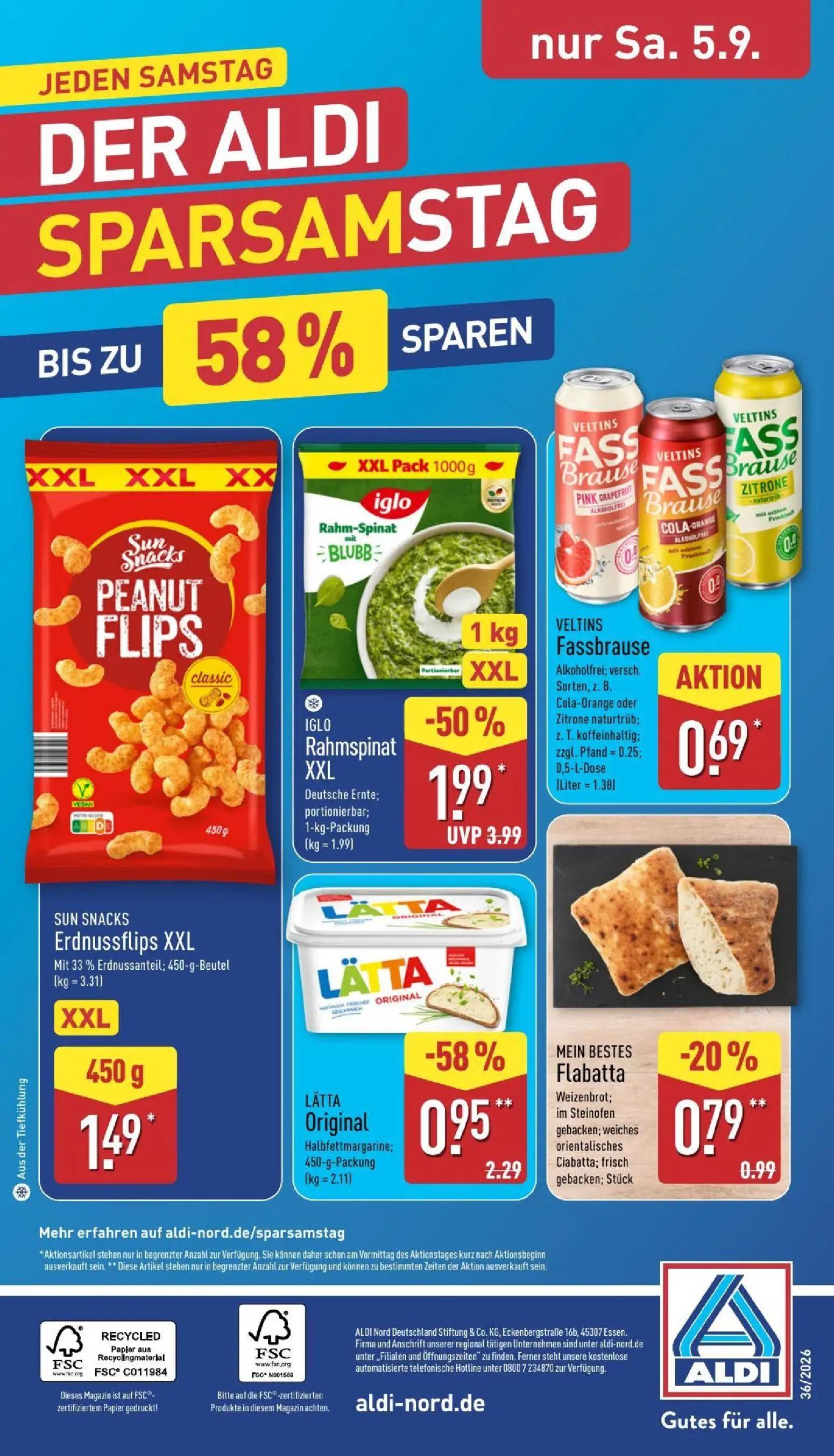 Aldi Nord Prospekt, Seite 32 von 39 — SUN SNACKS Erdnussflips XXL