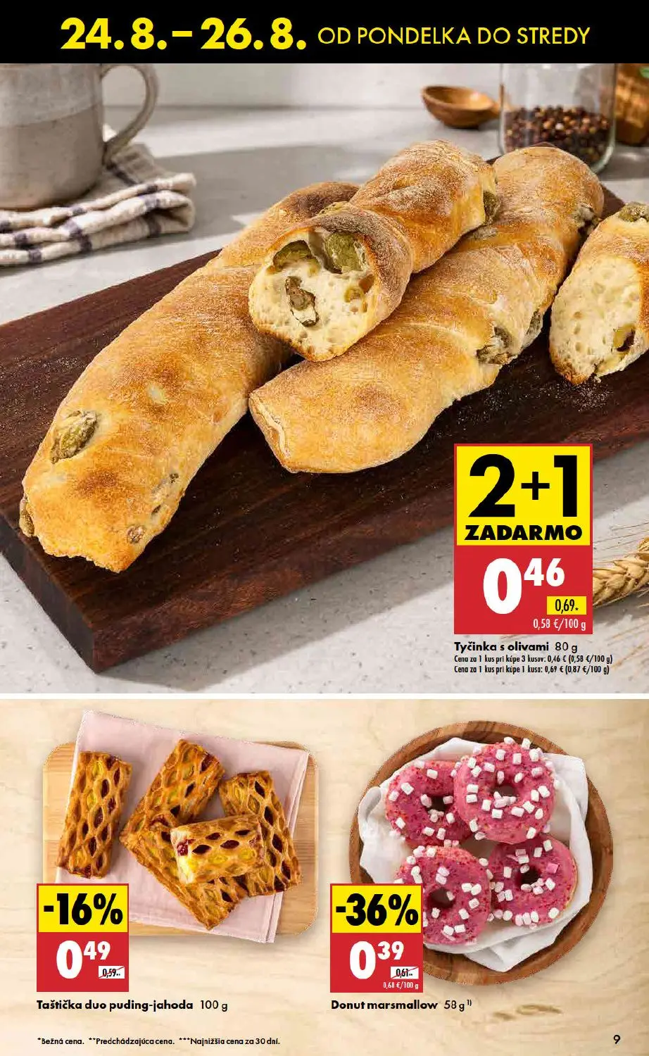 Biedronka leták, strana 9 z 11 — Tyčinka s olivami, Donut marsmallow, Taštička duo puding-jahoda