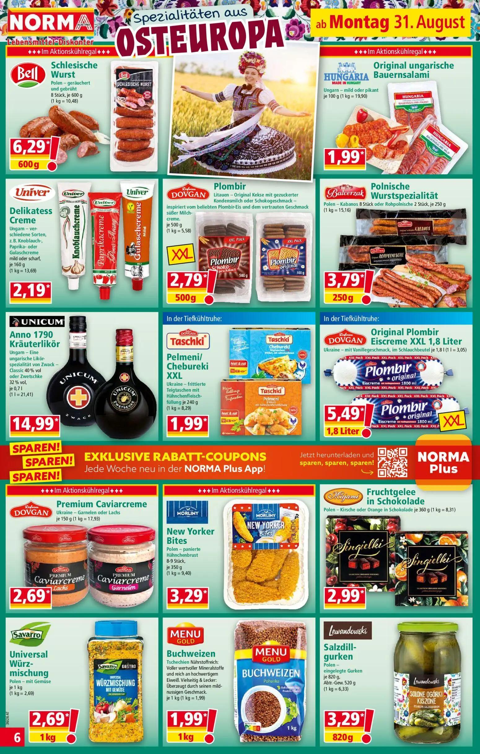 Norma Prospekt, Seite 6 von 18 — Schlesische Wurst, Original ungarische Bauernsalami, Delikatess Creme