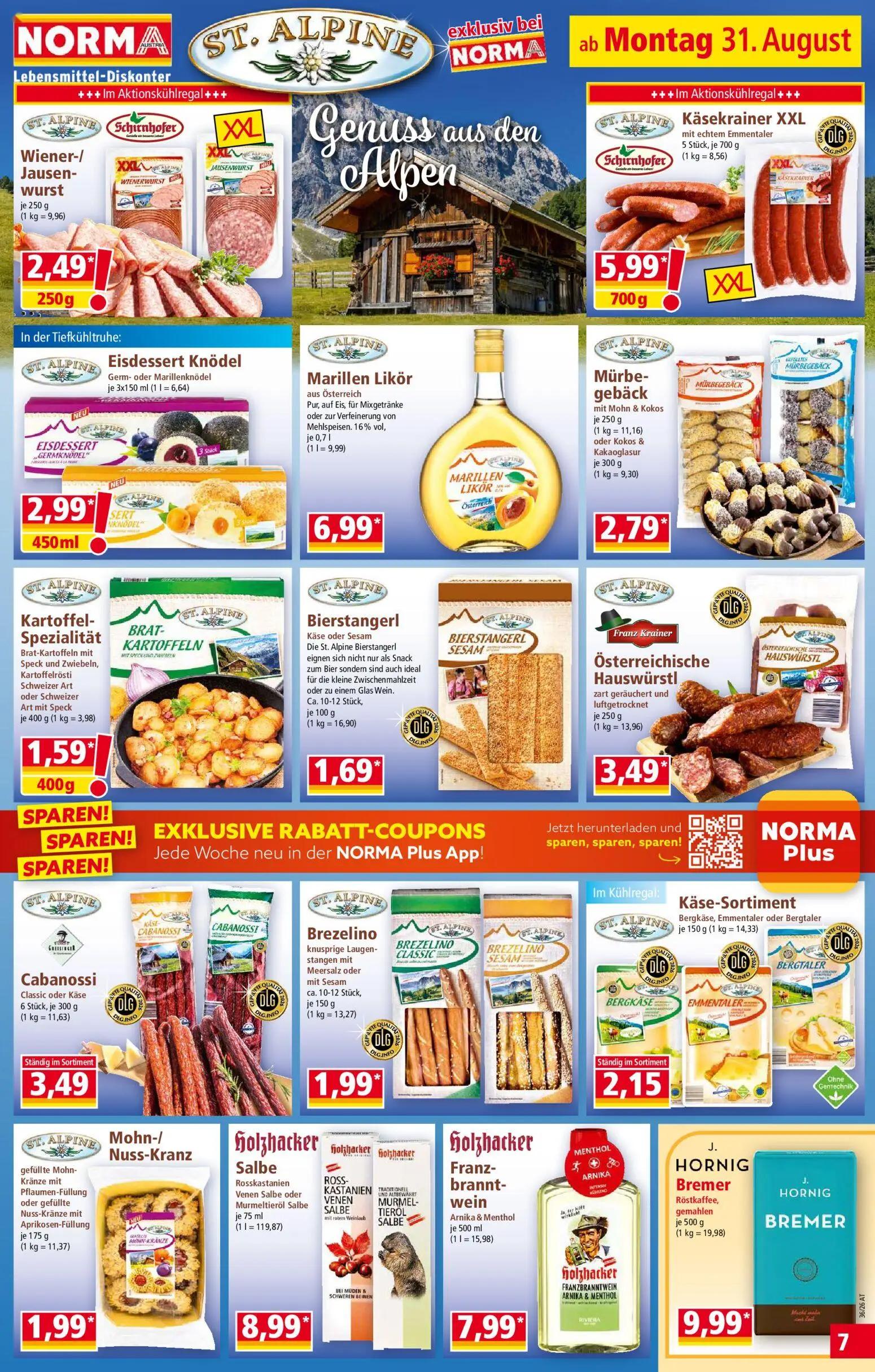Norma Prospekt, Seite 7 von 18 — Wiener-/Jausenwurst, Käsekrainer XXL mit echtem Emmentaler, Eisdessert Knödel Germ- oder Ma…