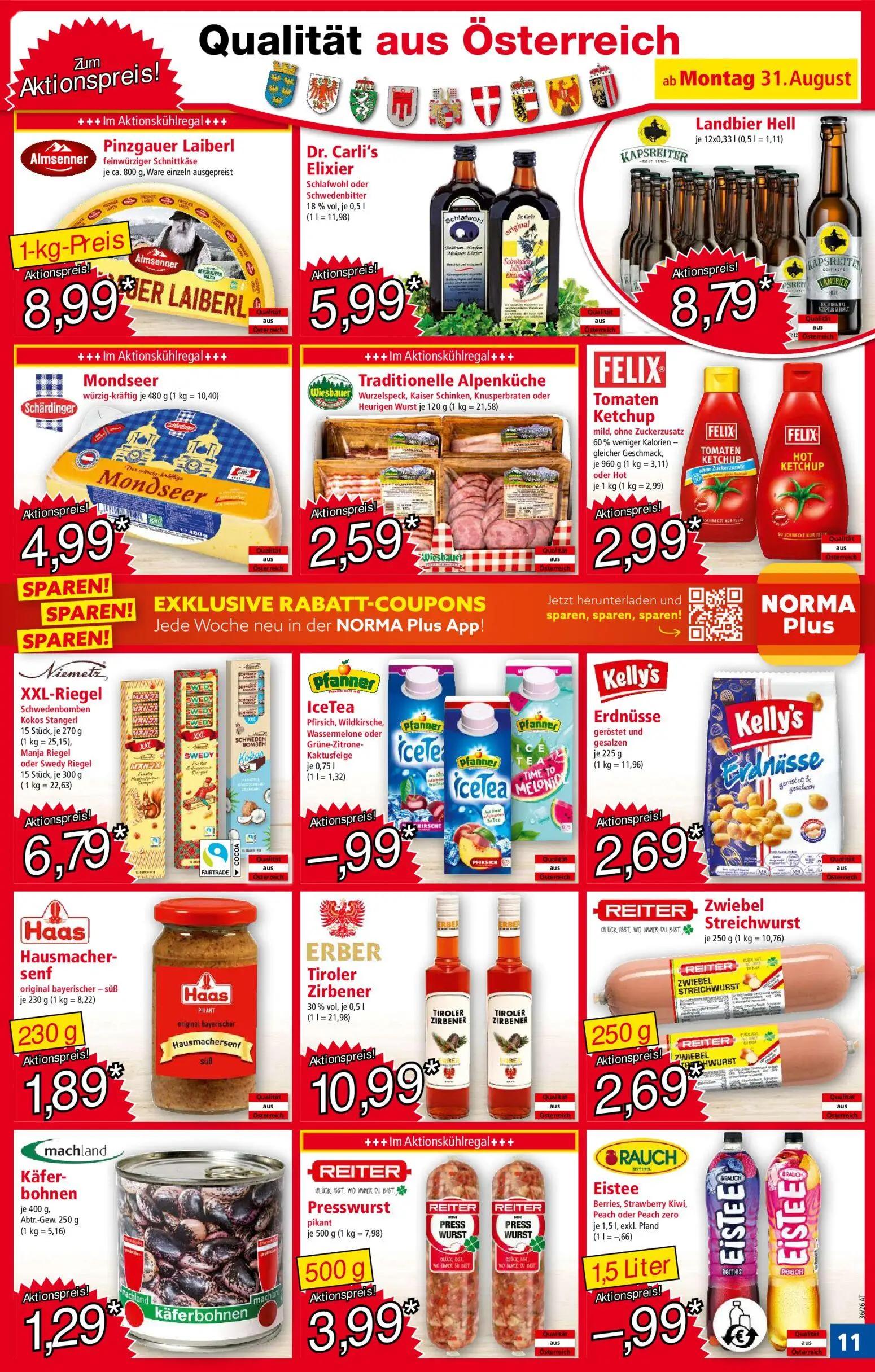Norma Prospekt, Seite 11 von 18 — Pinzgauer Laiberl felewürziger Schnittkäse, Dr. Carli's Elixier Schlafwohl oder Schwedenbi…