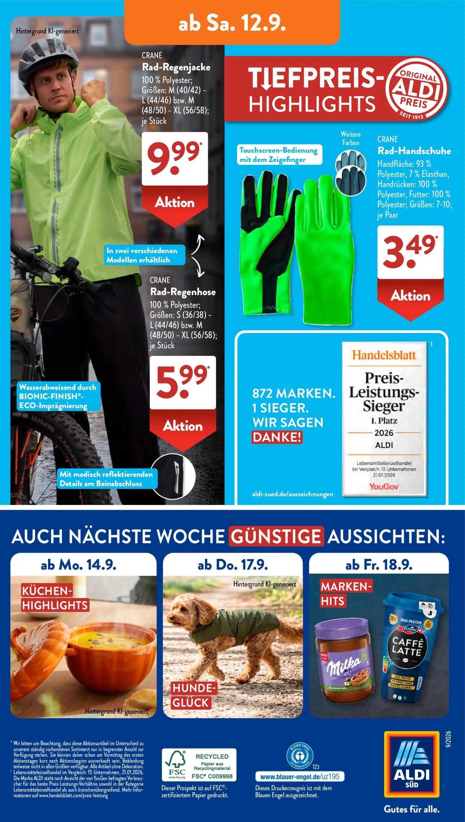 Aldi Süd Prospekt, Seite 16 von 24 — Rad-Regenjacke, Rad-Handschuhe, Rad-Regenhose