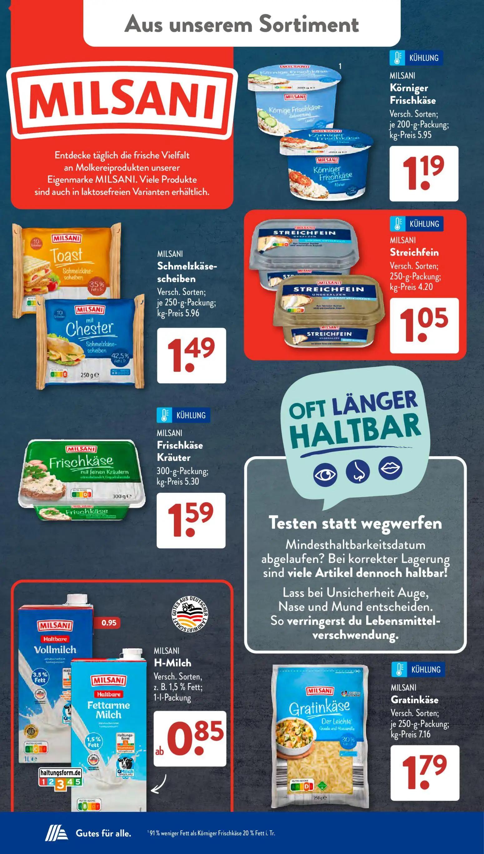 Aldi Süd Prospekt, Seite 17 von 24 — MILSANI Körniger Frischkäse, MILSANI Schmelzkäse-scheiben, MILSANI Streichfein