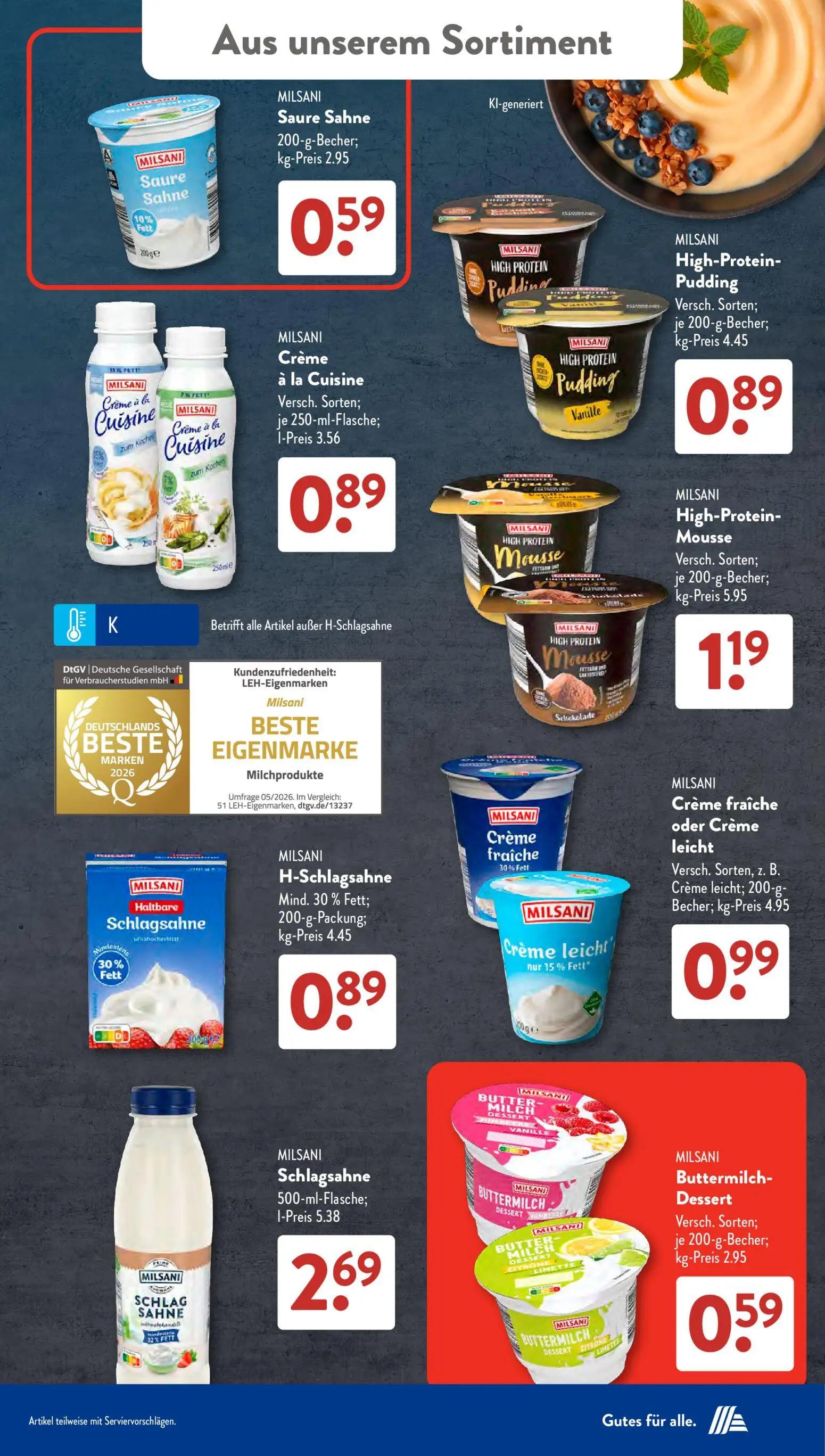 Aldi Süd Prospekt, Seite 18 von 24 — MILSANI Saure Sahne, MILSANI Crème à la Cuisine, MILSANI High-Protein-Pudding