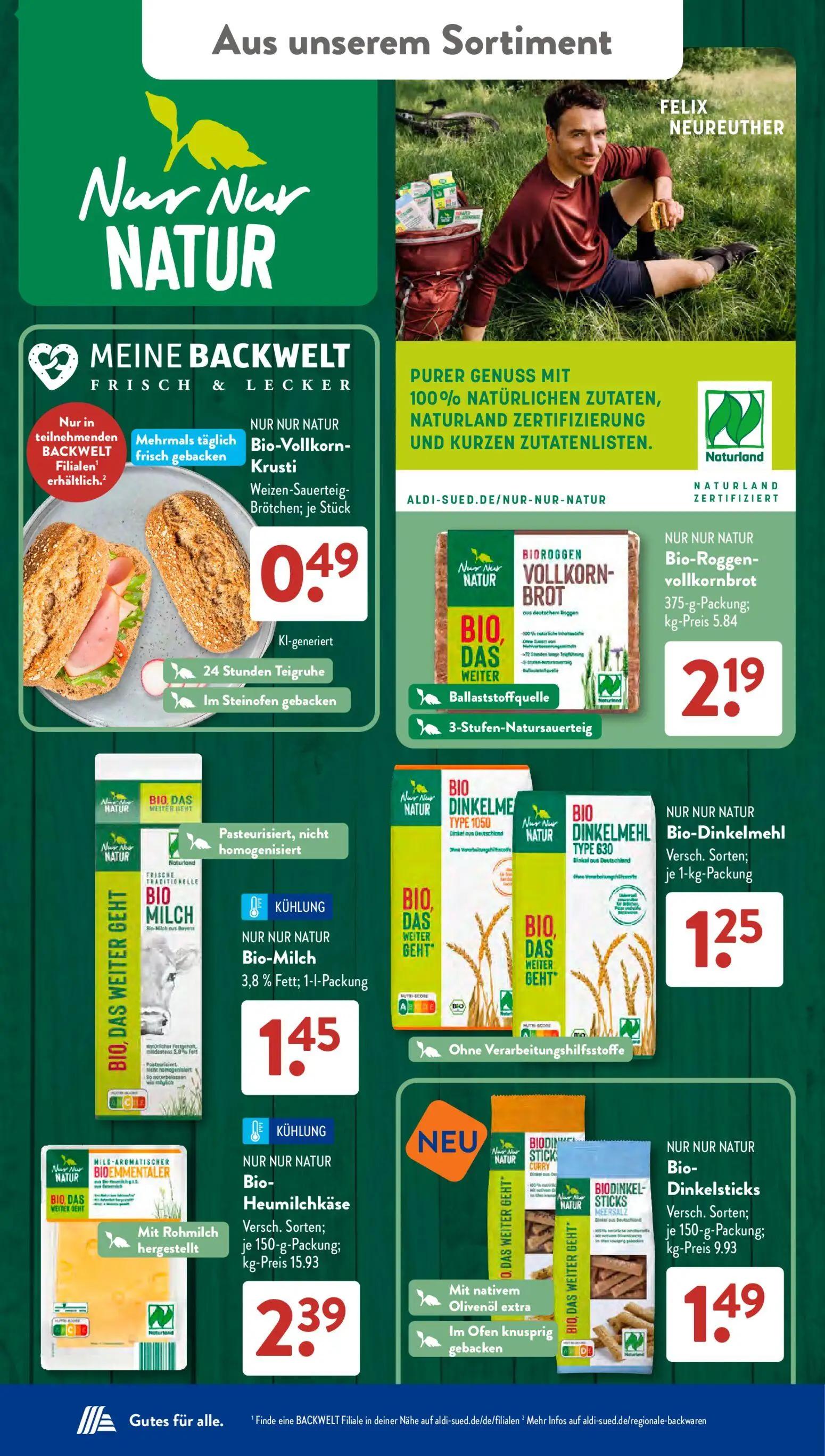 Aldi Süd Prospekt, Seite 19 von 24 — Nur Nur Natur Bio-Vollkorn-Krusti Weizen-Sauerteig-Brötchen; je Stück, Nur Nur Natur Bi…