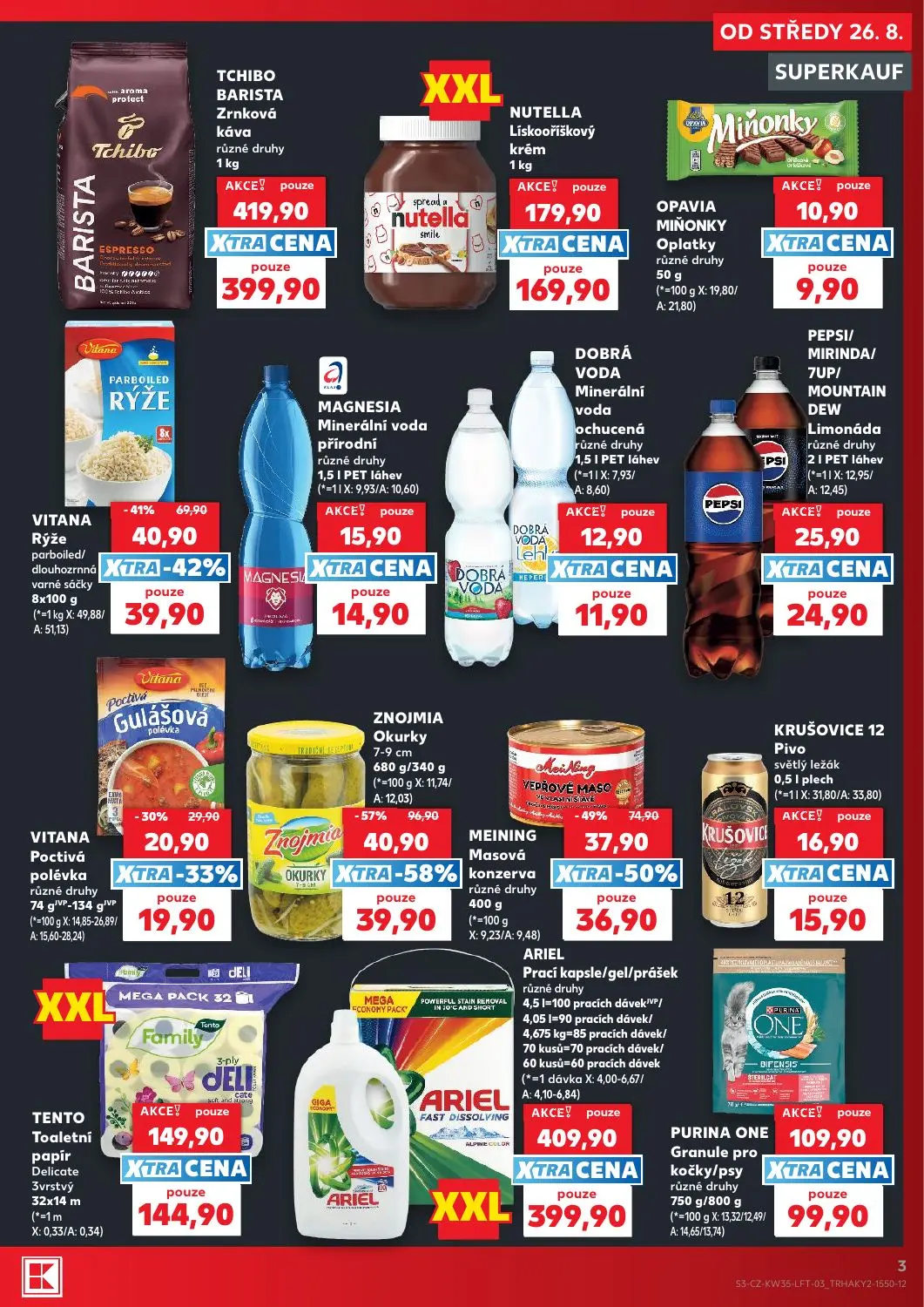 Kaufland leták, strana 3 z 56 — VITANA Rýže parboiled/dlouhozrnná varné sáčky, ARIEL Prací kapsle/gel/prášek, TENTO Toaletní…