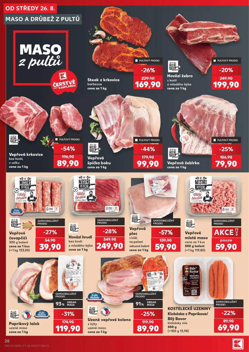 Kaufland leták, strana 28 z 56 — Vepřová krkovice bez kosti, v celku, Steak z krkovice barbecue, Vepřové mleté maso
