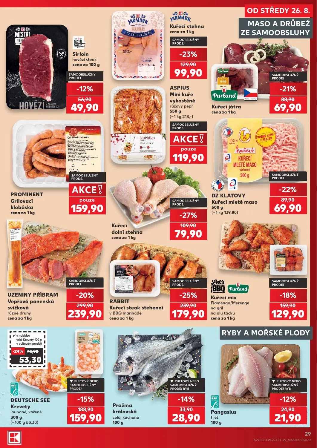 Kaufland leták, strana 29 z 56 — RABBIT Kuřecí steak stehenní v BBQ marinádě, PROMINENT Grilovací klobáska