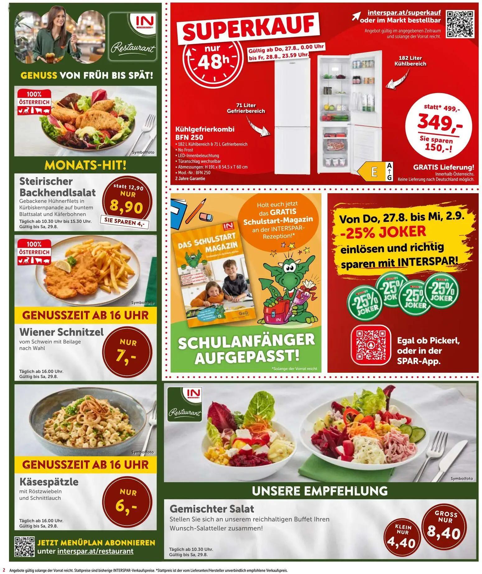 Interspar Prospekt, Seite 2 von 20 — Kühlgefrierkombi BFN 250, Steirischer Backhendlsalat Gebackene Hühnerfilets in Kürbiske…