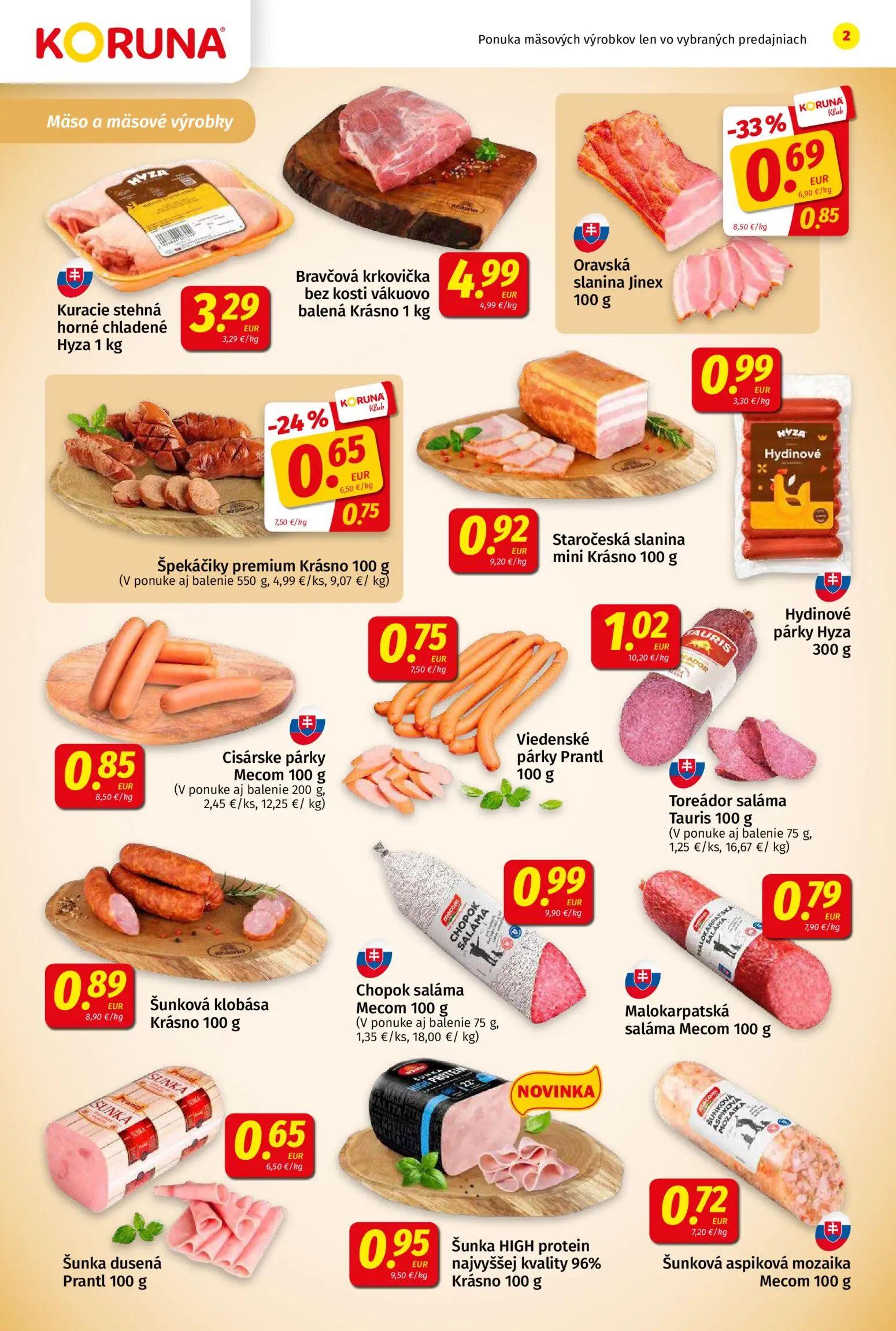 Koruna leták, strana 2 z 24 — Oravská slanina Jinex, Špekáčiky premium Krásno, Kuracie stehná horné chladené Hyza