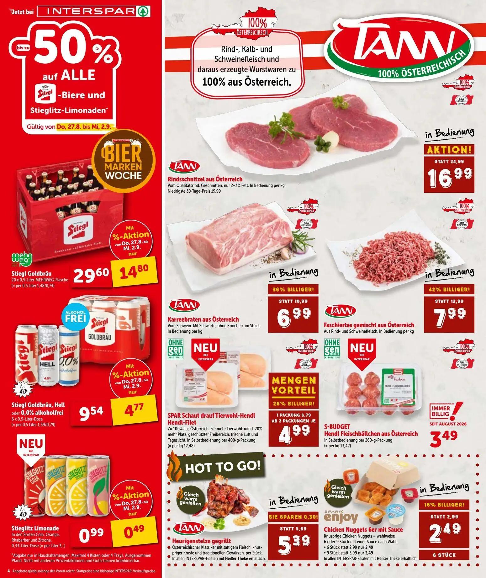 Interspar Prospekt, Seite 4 von 20 — Stiegl Goldbräu, Rindsschnitzel aus Österreich, Stiegl Goldbräu, Hell oder 0,0% alkohol…