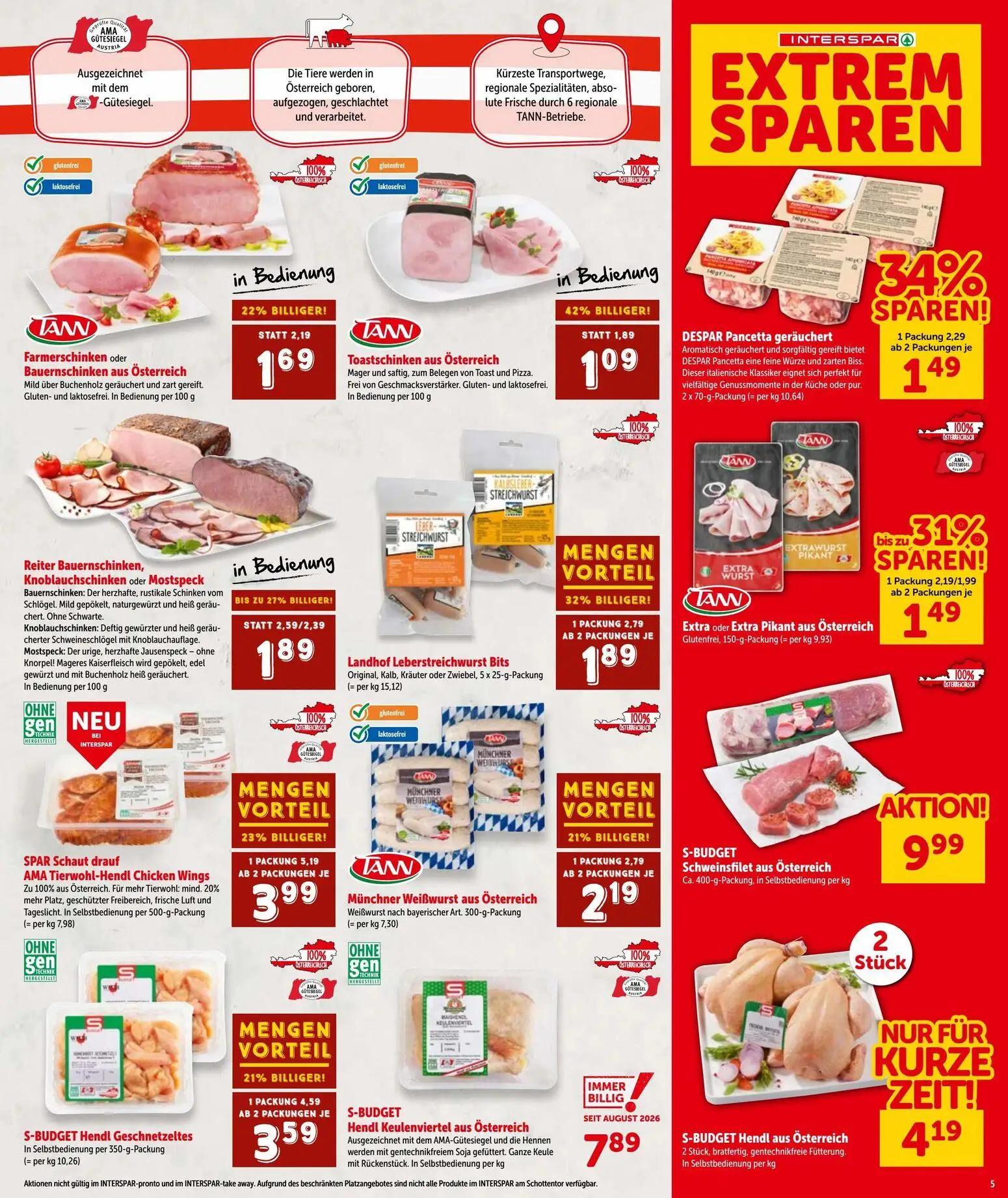 Interspar Prospekt, Seite 5 von 20 — S-BUDGET Hendl Geschnetzeltes, Münchner Weißwurst aus Österreich, S-BUDGET Schweinsfile…