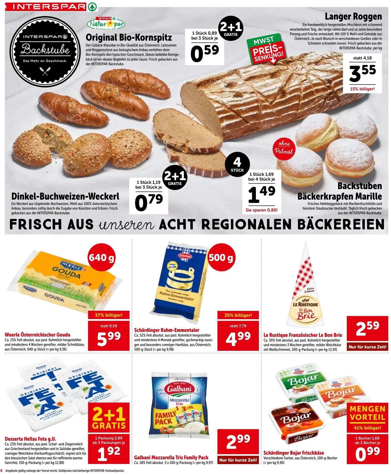 Interspar Prospekt, Seite 8 von 20 — Woerle Österreichischer Gouda, Schärdinger Rahm-Emmentaler, Desserta Hellas Feta g.U.