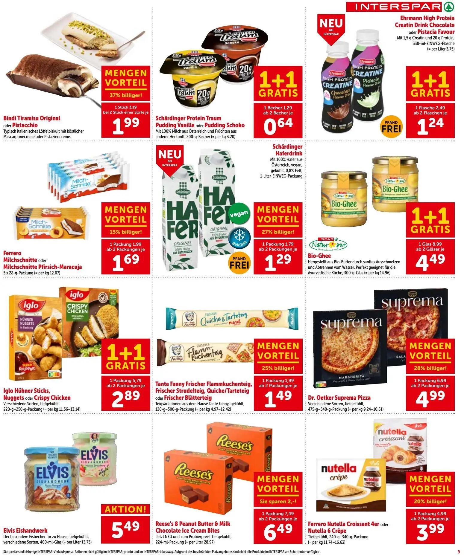 Interspar Prospekt, Seite 9 von 20 — Ehrmann High Protein Creatin Drink Chocolate oder Pistacia Favour, Bindi Tiramisu Origi…