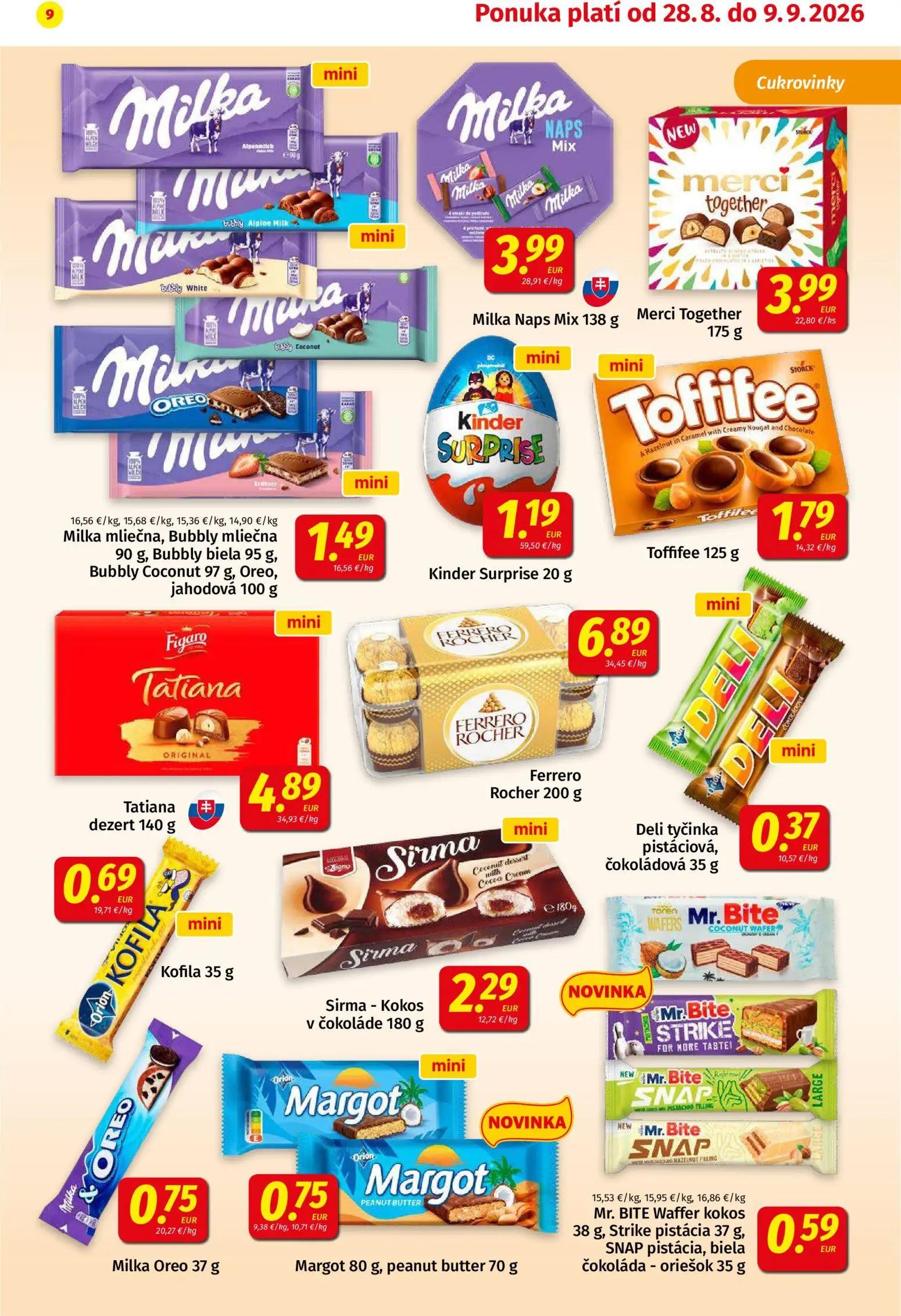 Koruna leták, strana 9 z 24 — Milka mliečna, Bubbly mliečna 90 g, Bubbly biela 95 g, Bubbly Coconut 97 g, Oreo, jahodová 100…