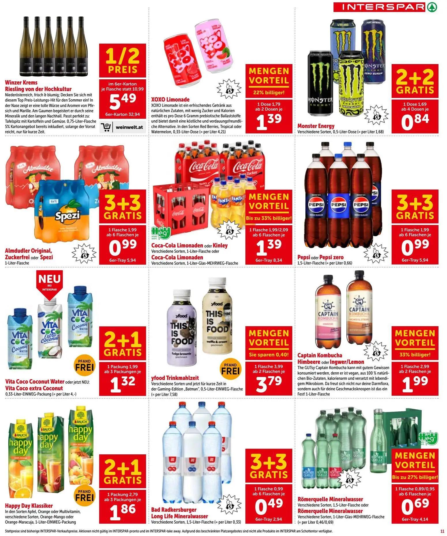 Interspar Prospekt, Seite 11 von 20 — Almdudler Original, Zuckerfrei oder Spezi, Pepsi oder Pepsi zero, Captain Kombucha Him…