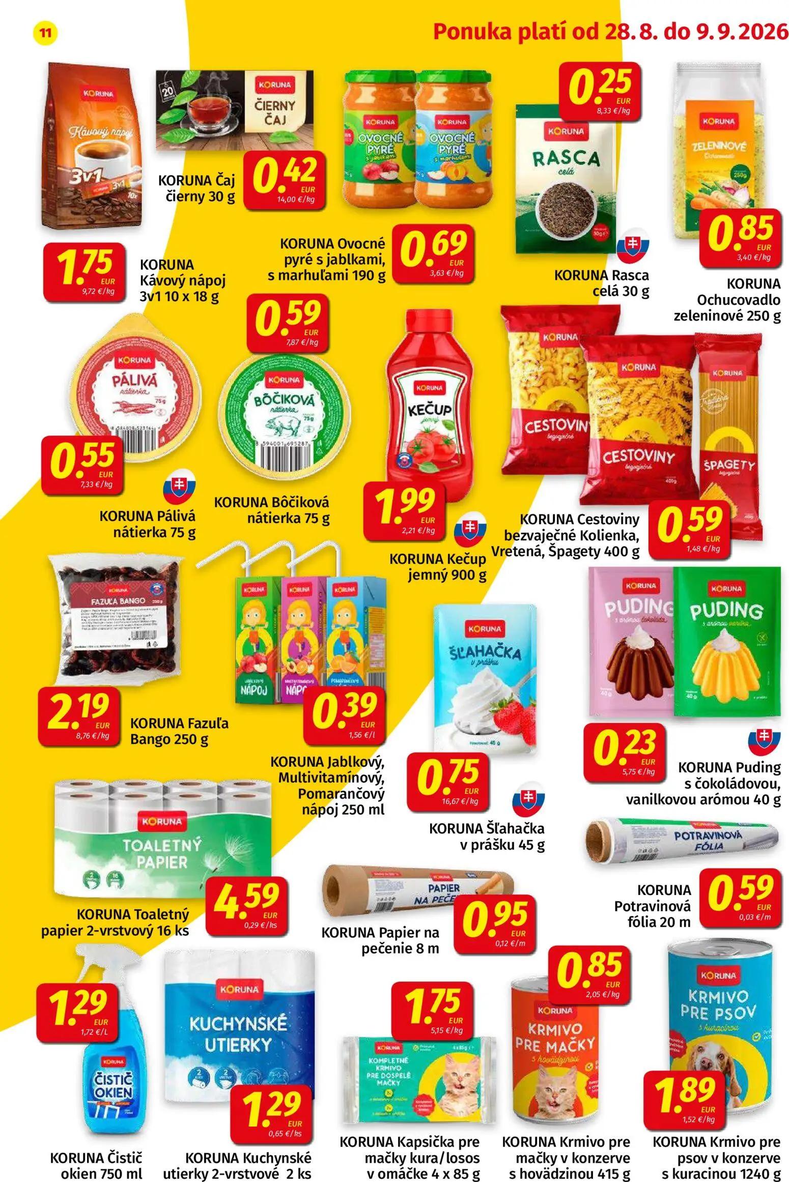 Koruna leták, strana 11 z 24 — KORUNA Kávový nápoj 3v1 10 x 18 g, KORUNA Čaj čierny 30 g, KORUNA Ovocné pyré s jablkami, s m…