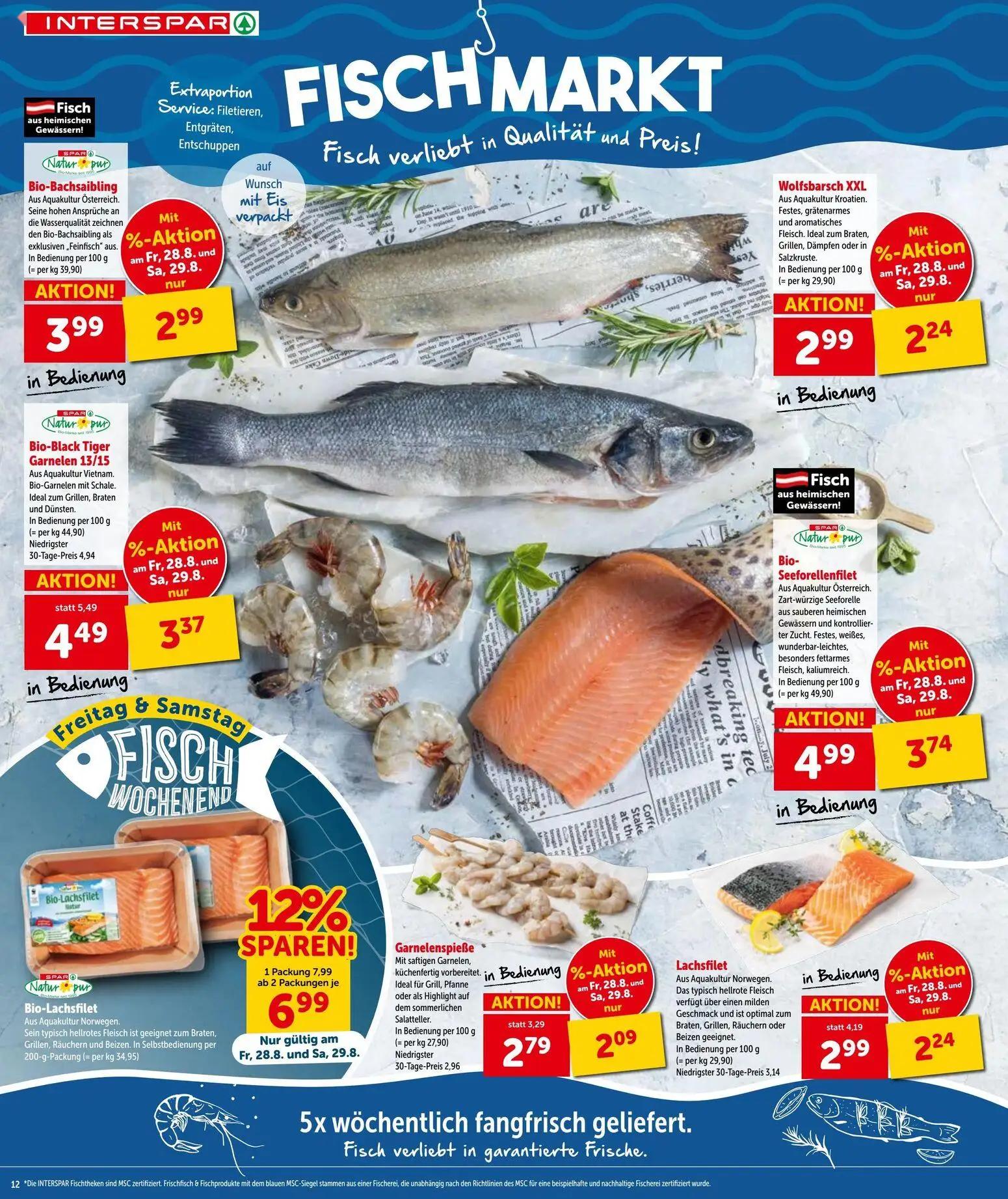 Interspar Prospekt, Seite 12 von 20 — Lachsfilet, Bio-Seeforellenfilet, Garnelenspieße