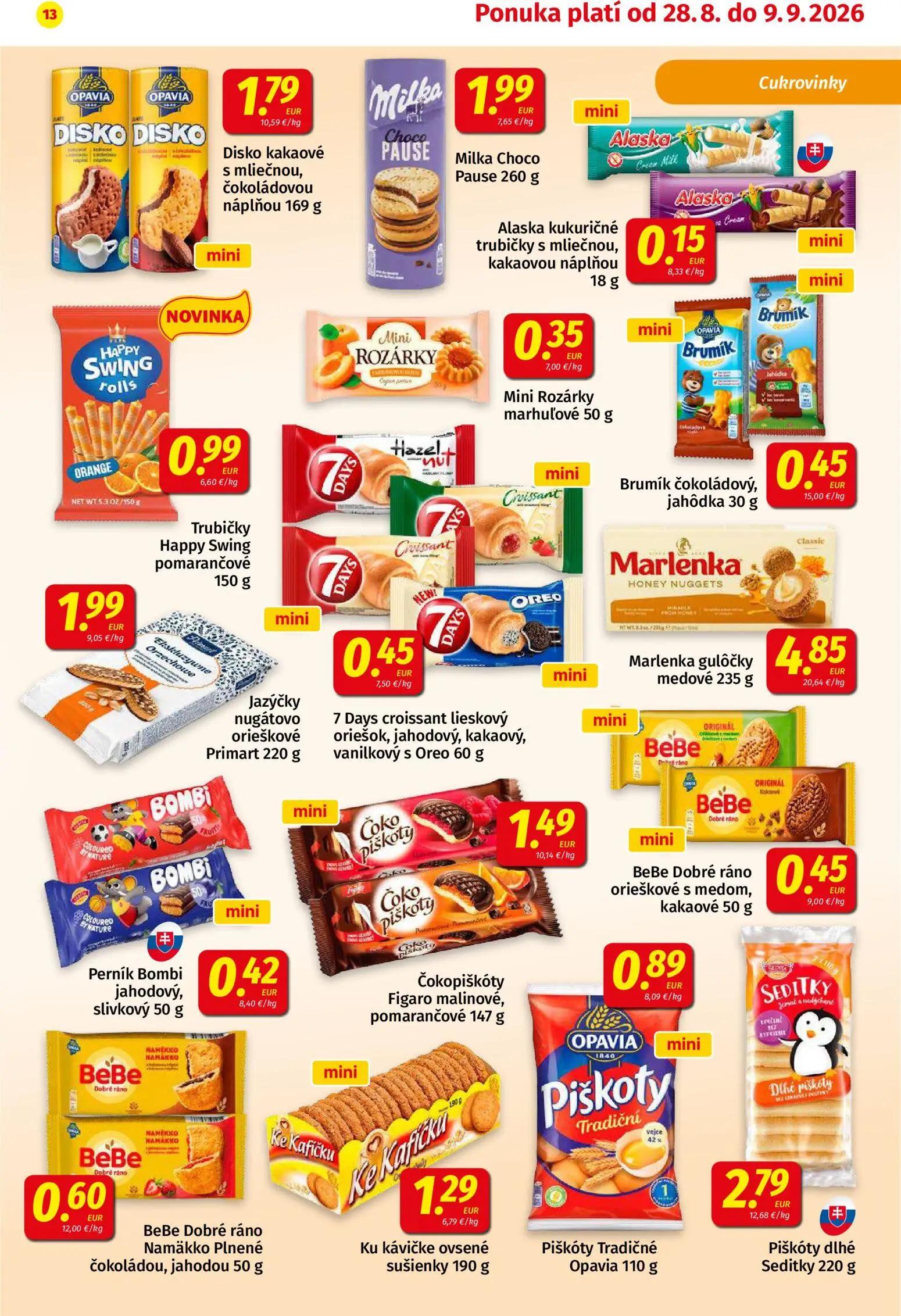 Koruna leták, strana 13 z 24 — Disko kakaové s mliečnou, čokoládovou náplňou, Milka Choco Pause, Alaska kukuričné trubičky s…