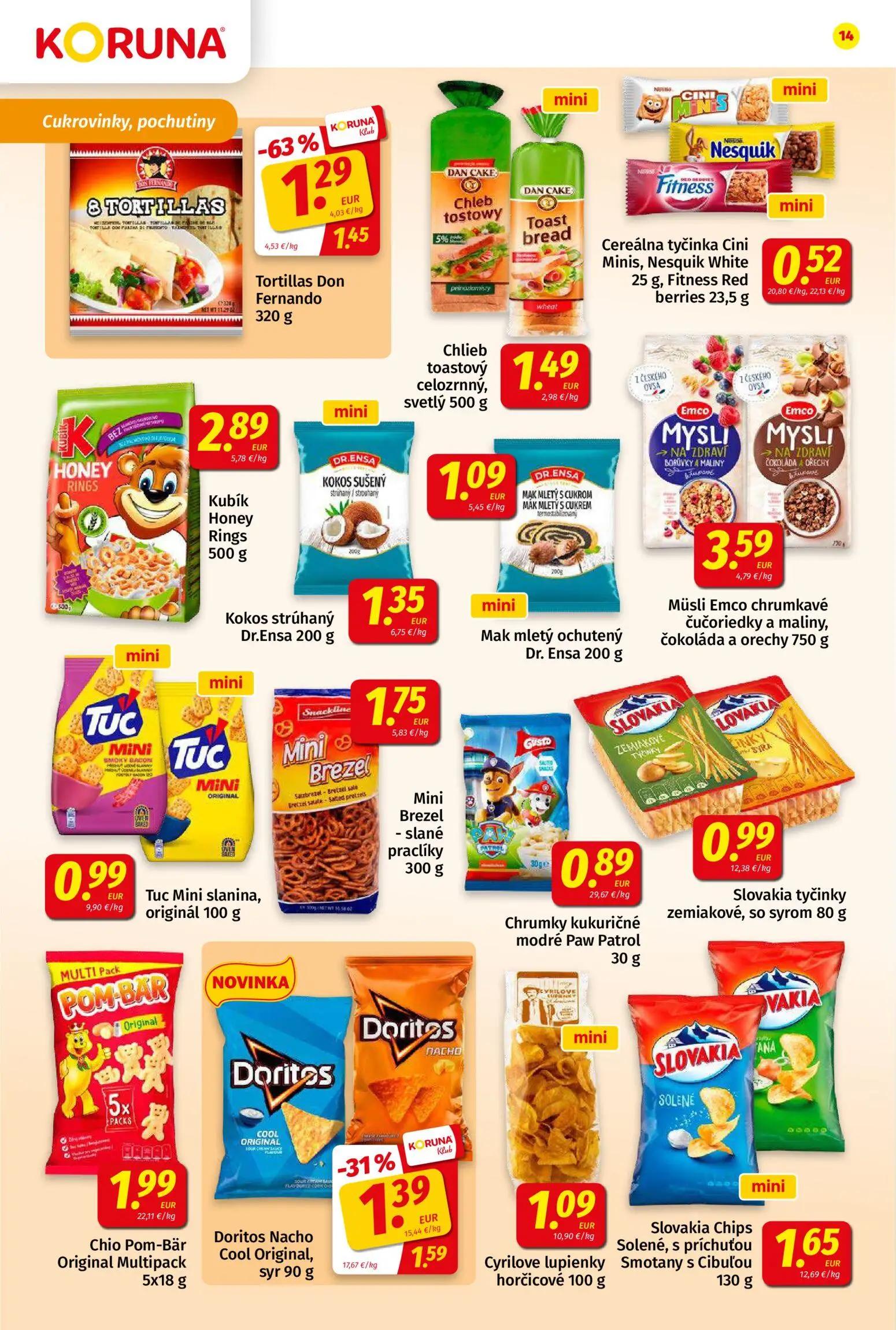 Koruna leták, strana 14 z 24 — Doritos Nacho Cool Original, syr, Tortillas Don Fernando, Chlieb toastový celozrnný, svetlý