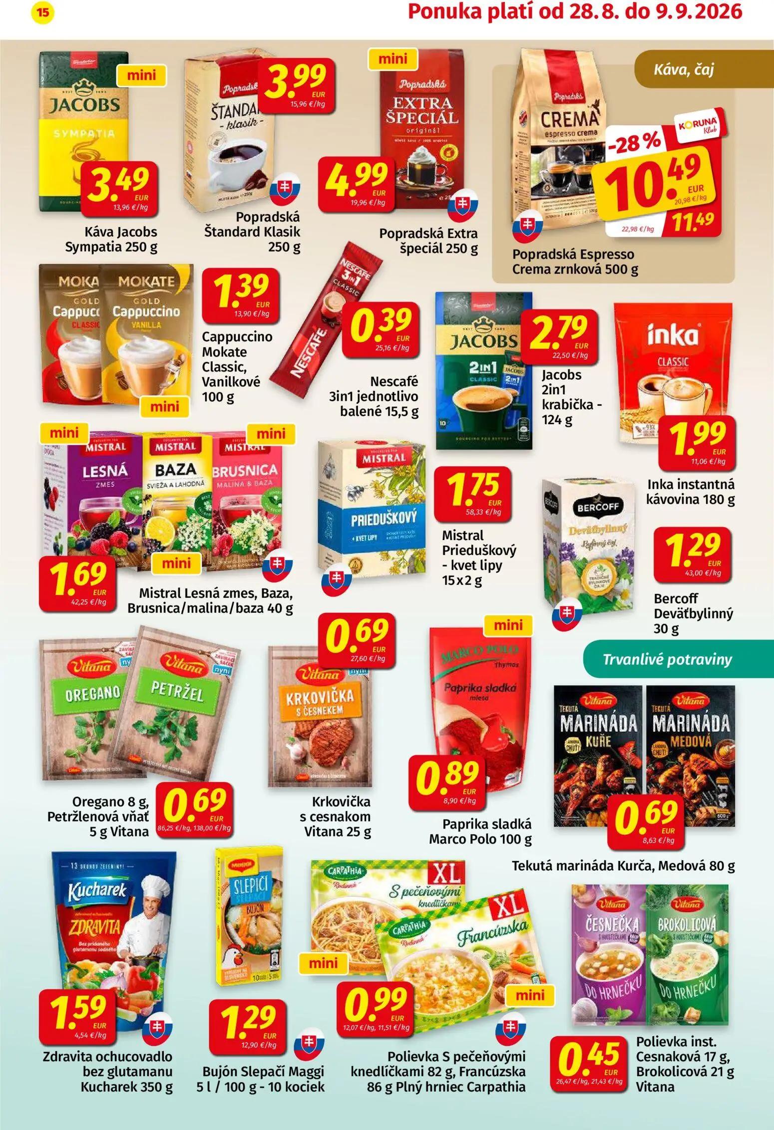 Koruna leták, strana 15 z 24 — Popradská Espresso Crema zrnková, Káva Jacobs Sympatia, Popradská Štandard Klasik
